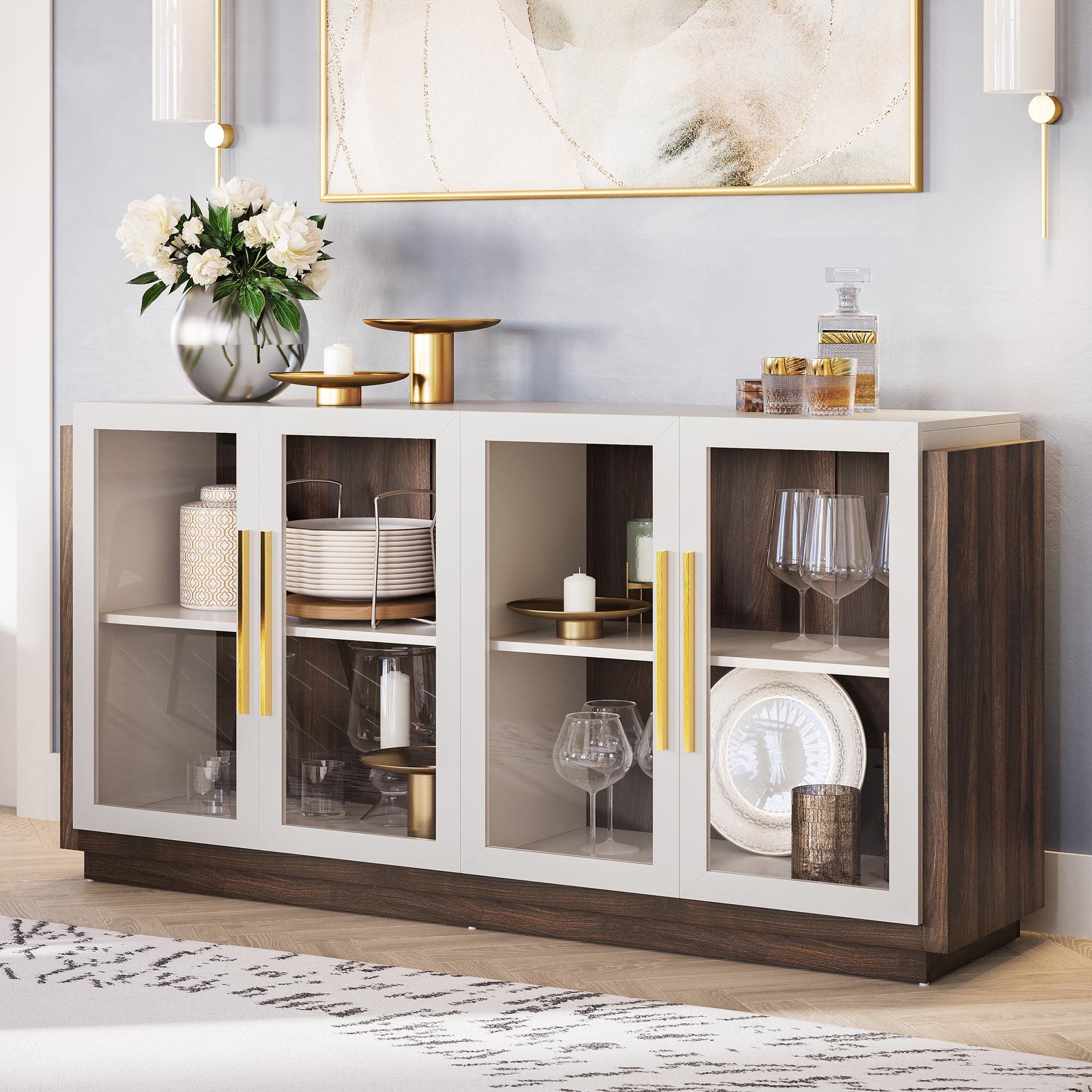 Modern White and Wood Buffet Sideboard with Glass Doors and Storage