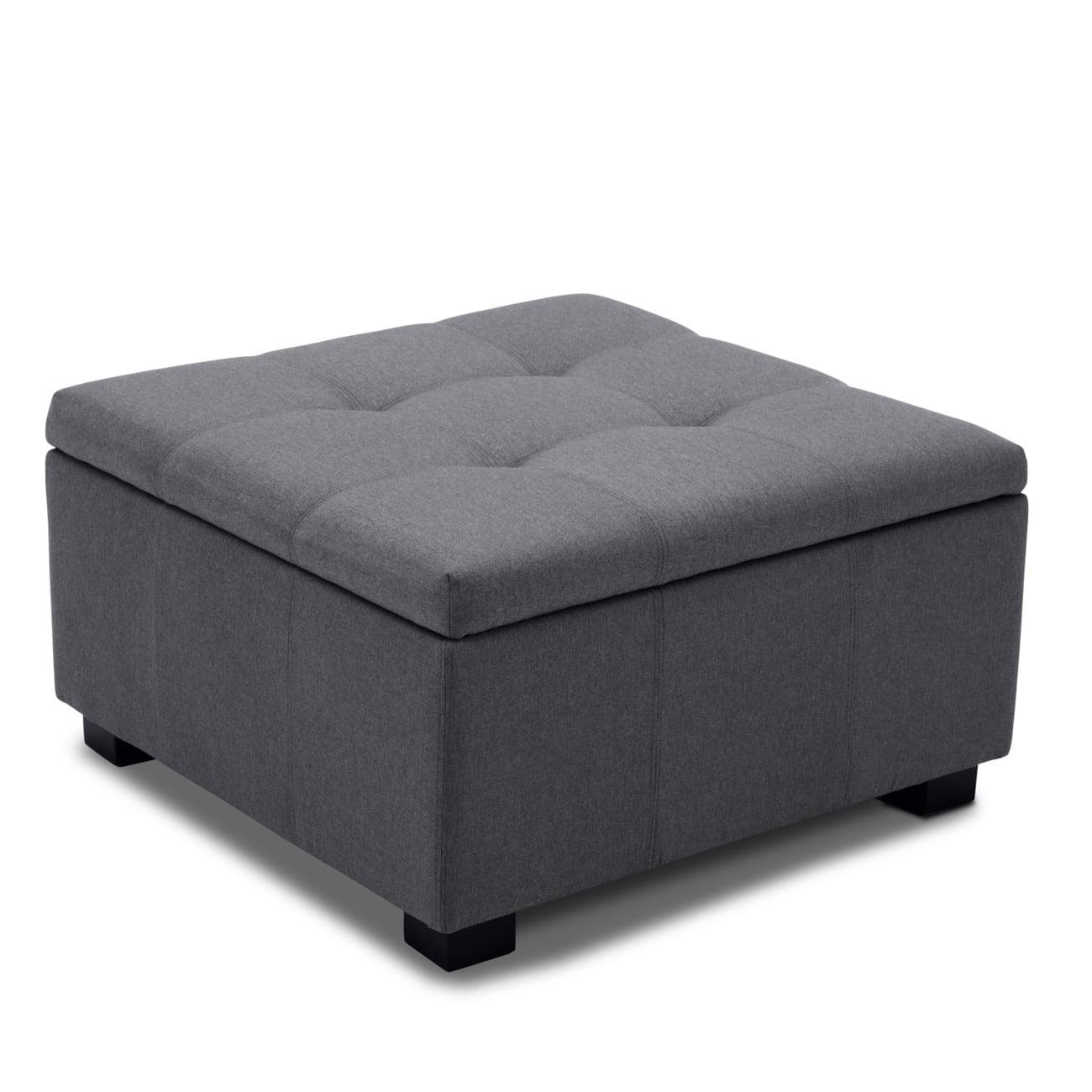 Gray Tufted Square Upholstered Storage Ottoman with Hinged Lid