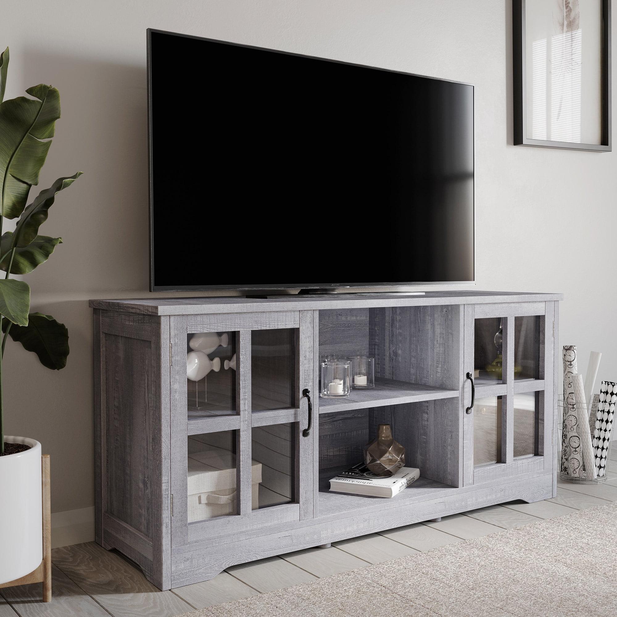 Cottage Charm Gray Wash 55" TV Stand with Glass Doors and Storage