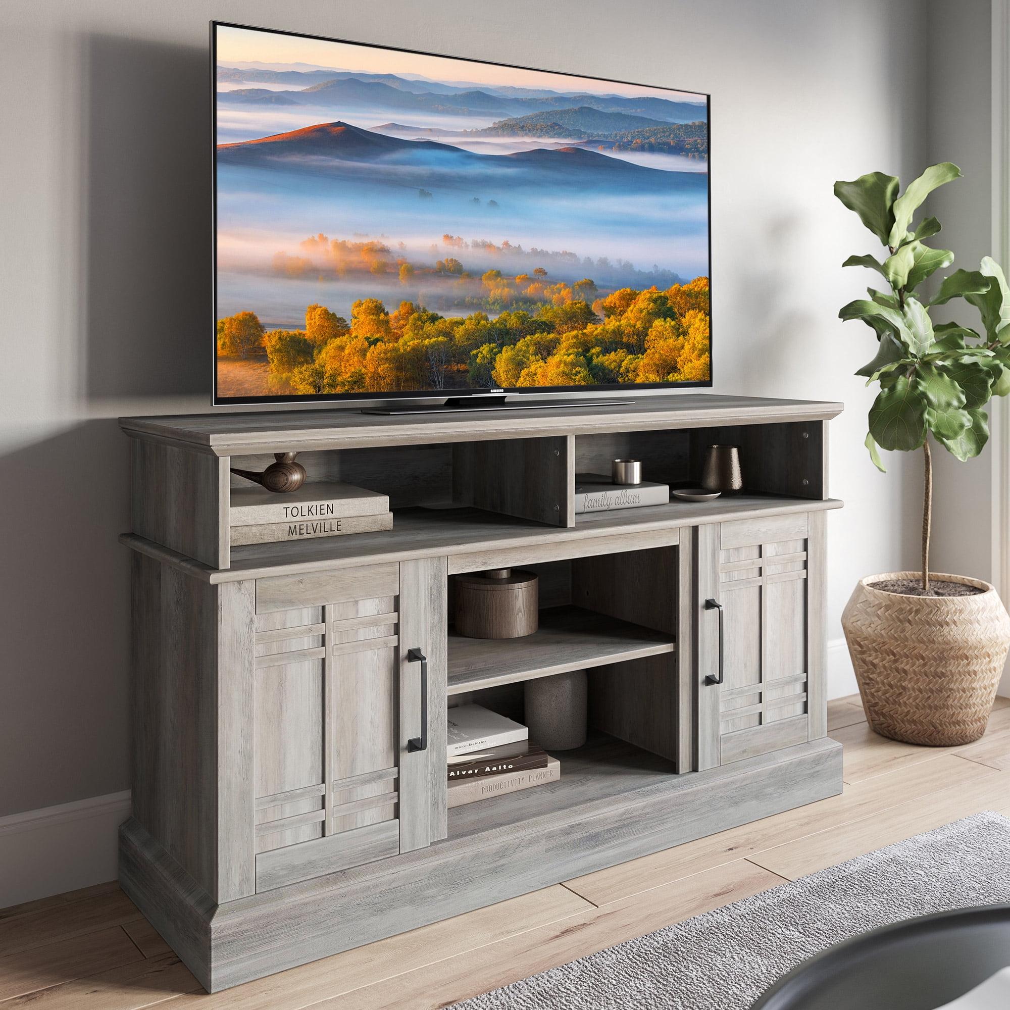 Gray Wash Farmhouse Wood TV Stand with Cabinets and Fireplace