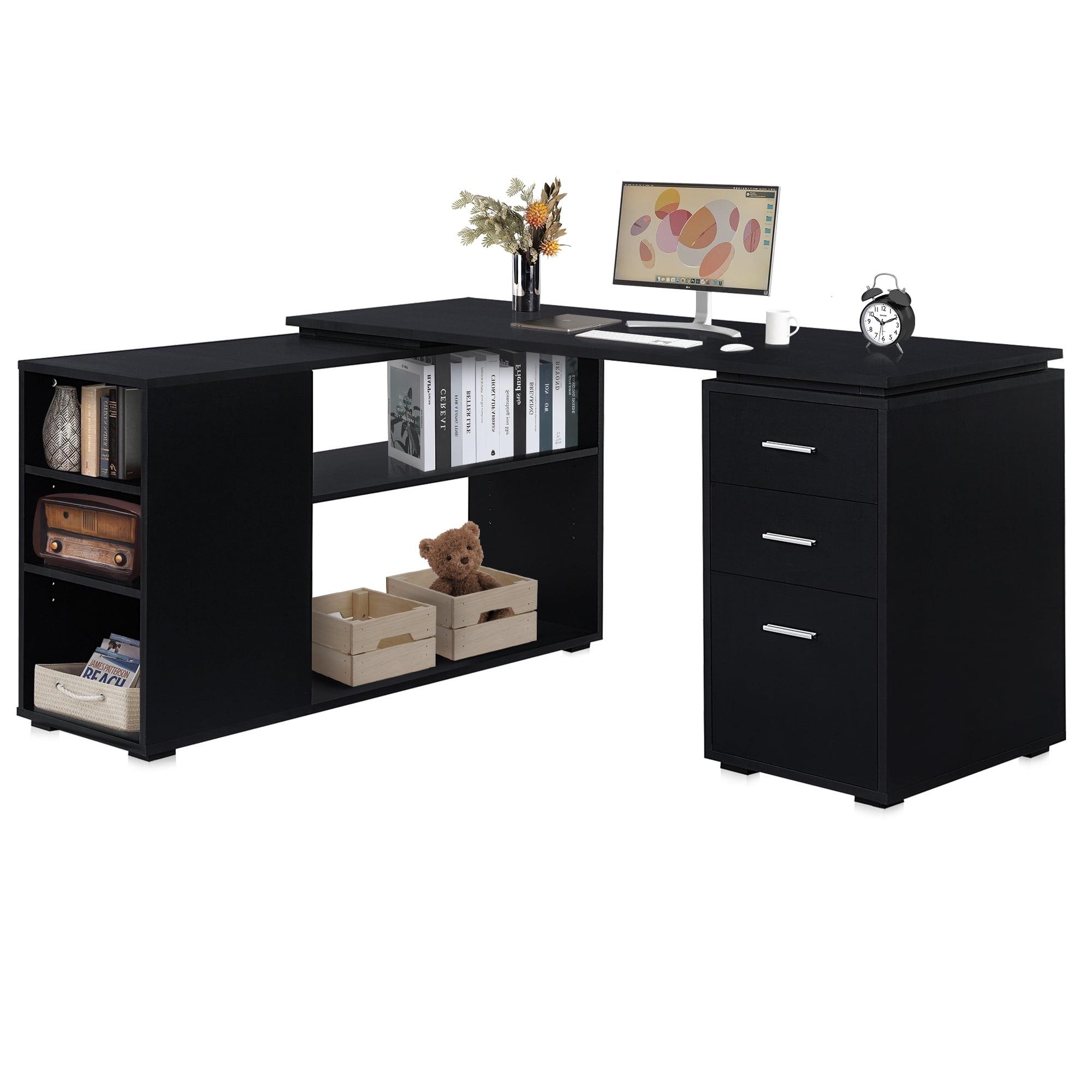 Black Wood L-Shaped Corner Computer Desk with Drawer and Filing Cabinet