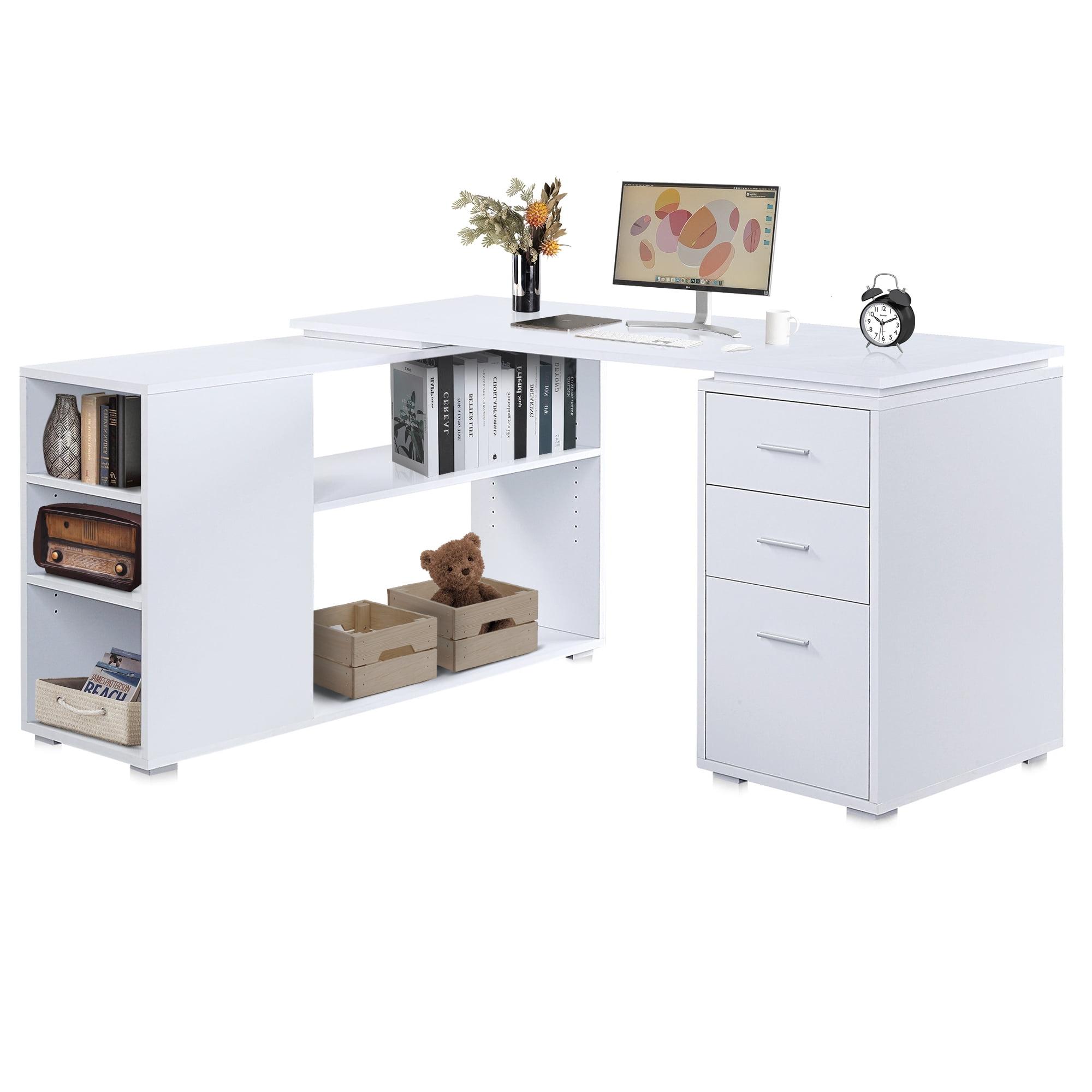 BELLEZE Trition L Shaped Computer Desk Home Office Corner Desk With Open Shelves And Drawers, White