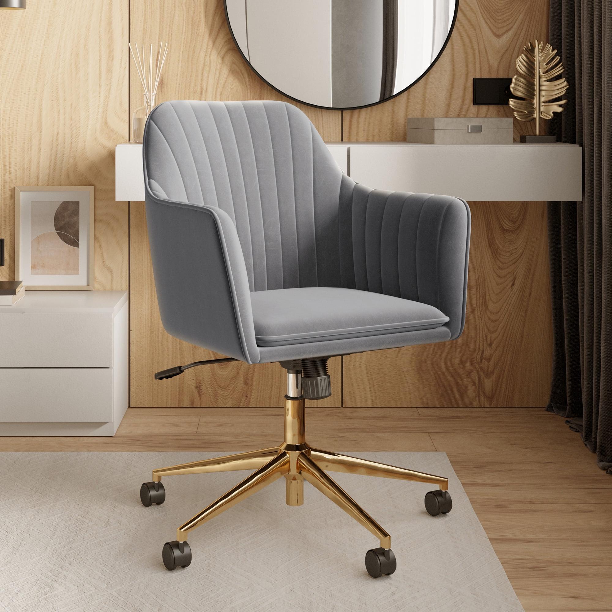 Modern Velvet Adjustable Office Chair in Grey & Gold with Swivel Wheels