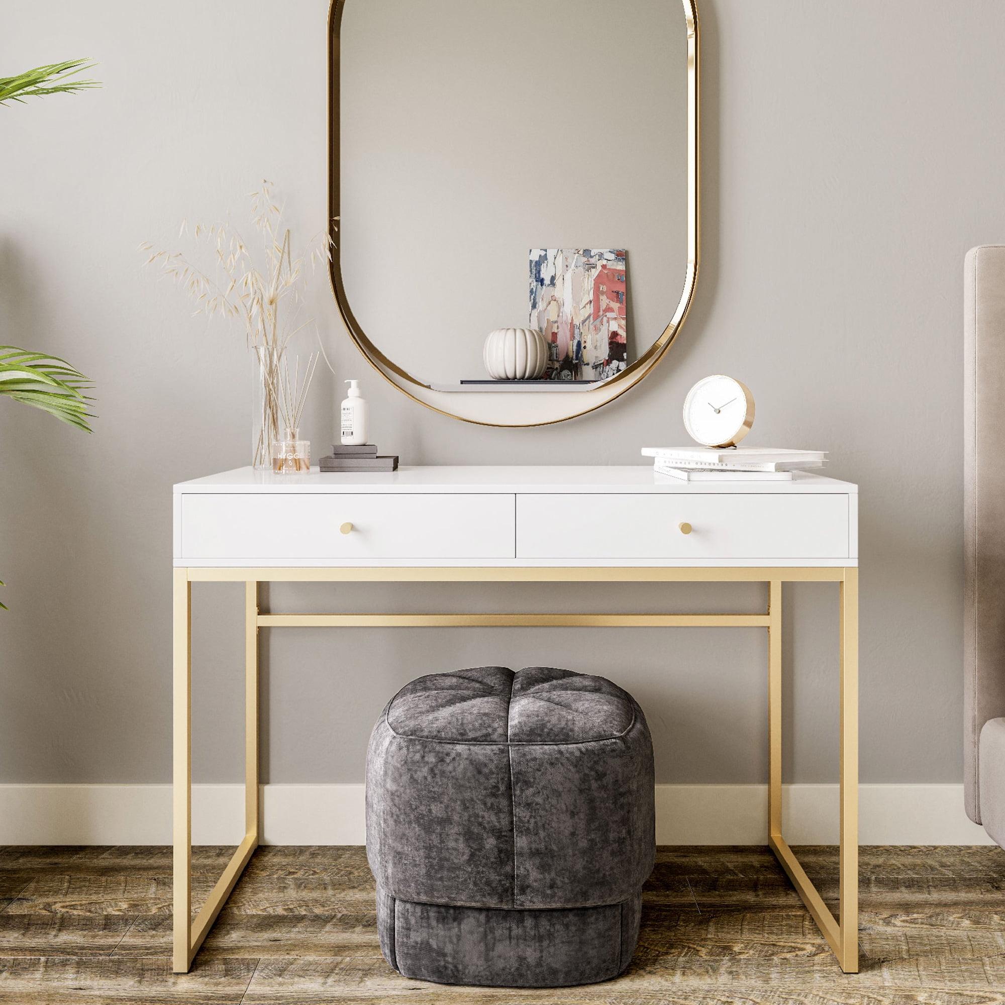 Modern White and Gold Vanity Desk with Spacious Drawers