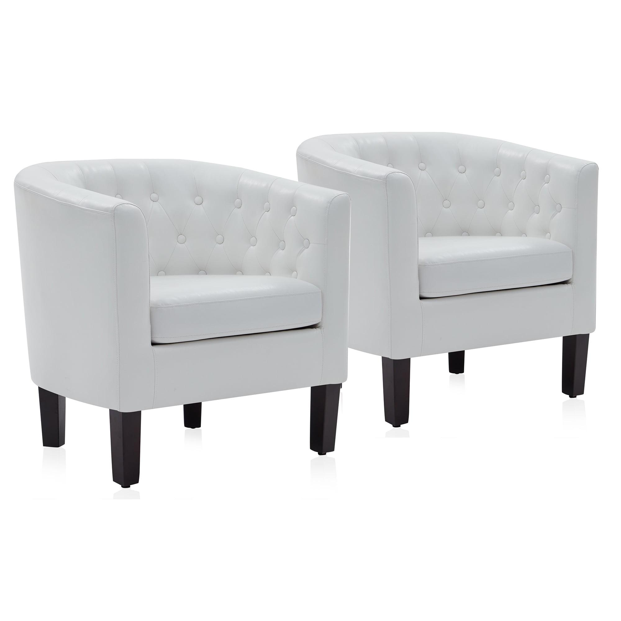 BELLEZE White Accent Chairs for Living Room, Set of 2 Elegant Arm Chairs, Upholstered Tufted Barrel Chairs Club Chairs for Bedroom with Sturdy Legs and Faux Leather - Berlinda (White)