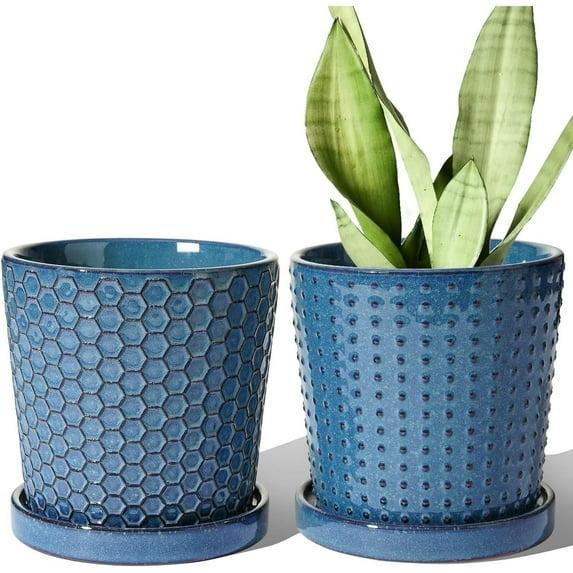 BEMAY 5.5" Plant Pots, Ceramic Indoor Planters with Drainage and Tray, Set of 2 Flower Pots for Succulent,Plants, Reactive Glaze Blue