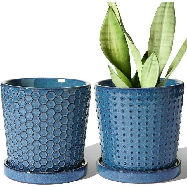 BEMAY 5.5" Plant Pots, Ceramic Indoor Planters with Drainage and Tray, Set of 2 Flower Pots for Succulent,Plants, Reactive Glaze Blue