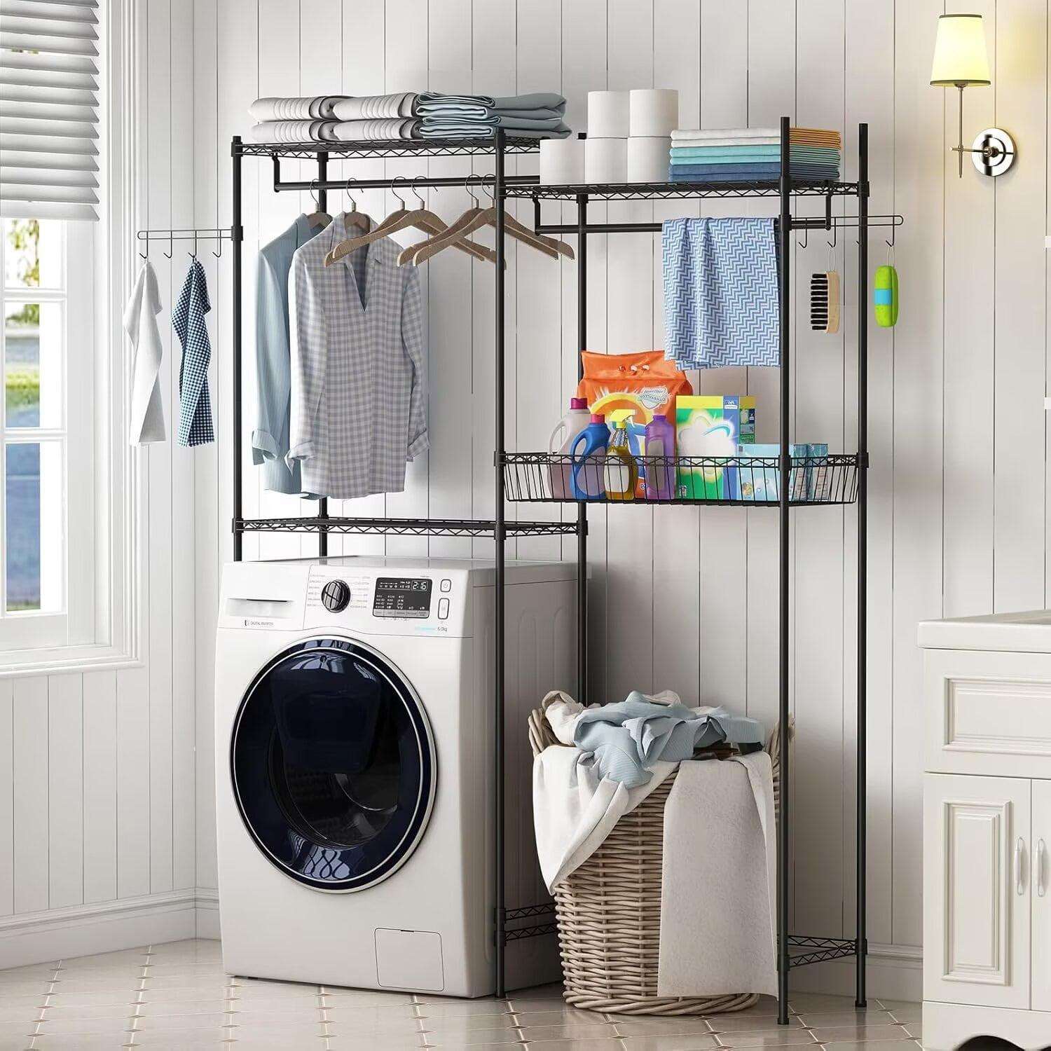 Kselythan Over Washer and Dryer Shelves,57.4" W Heavy Duty Laundry Room Storage Organization Clothes Drying Rack,Height Adjustable Towel Racks with Hamper and Hooks,Space Saving Shelf