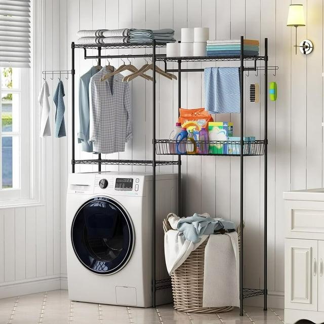 Kselythan Over Washer and Dryer Shelves,57.4" W Heavy Duty Laundry Room Storage Organization Clothes Drying Rack,Height Adjustable Towel Racks with Hamper and Hooks,Space Saving Shelf