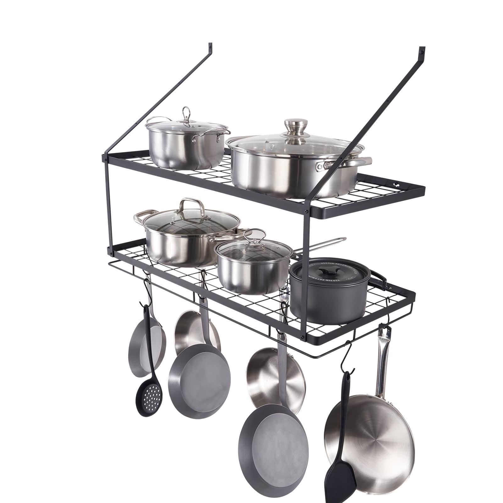 Black Metal Wall-Mounted Pot Rack with 12 Hooks