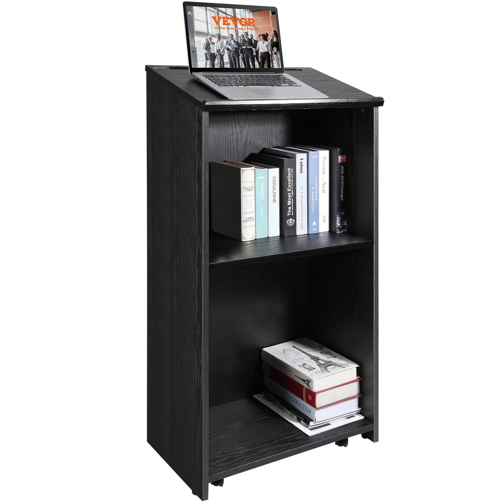 Black MDF Rolling Podium Stand with Adjustable Shelves