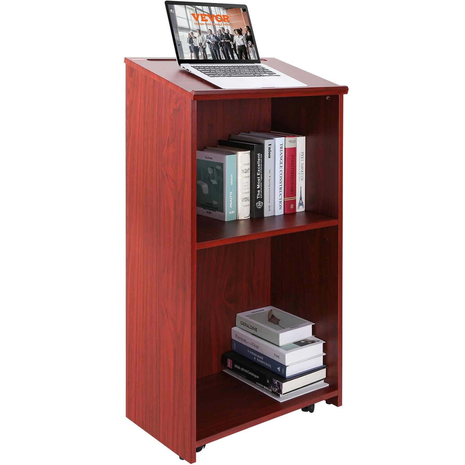 Brown 47" Wood Podium Stand with Adjustable Shelves and Casters