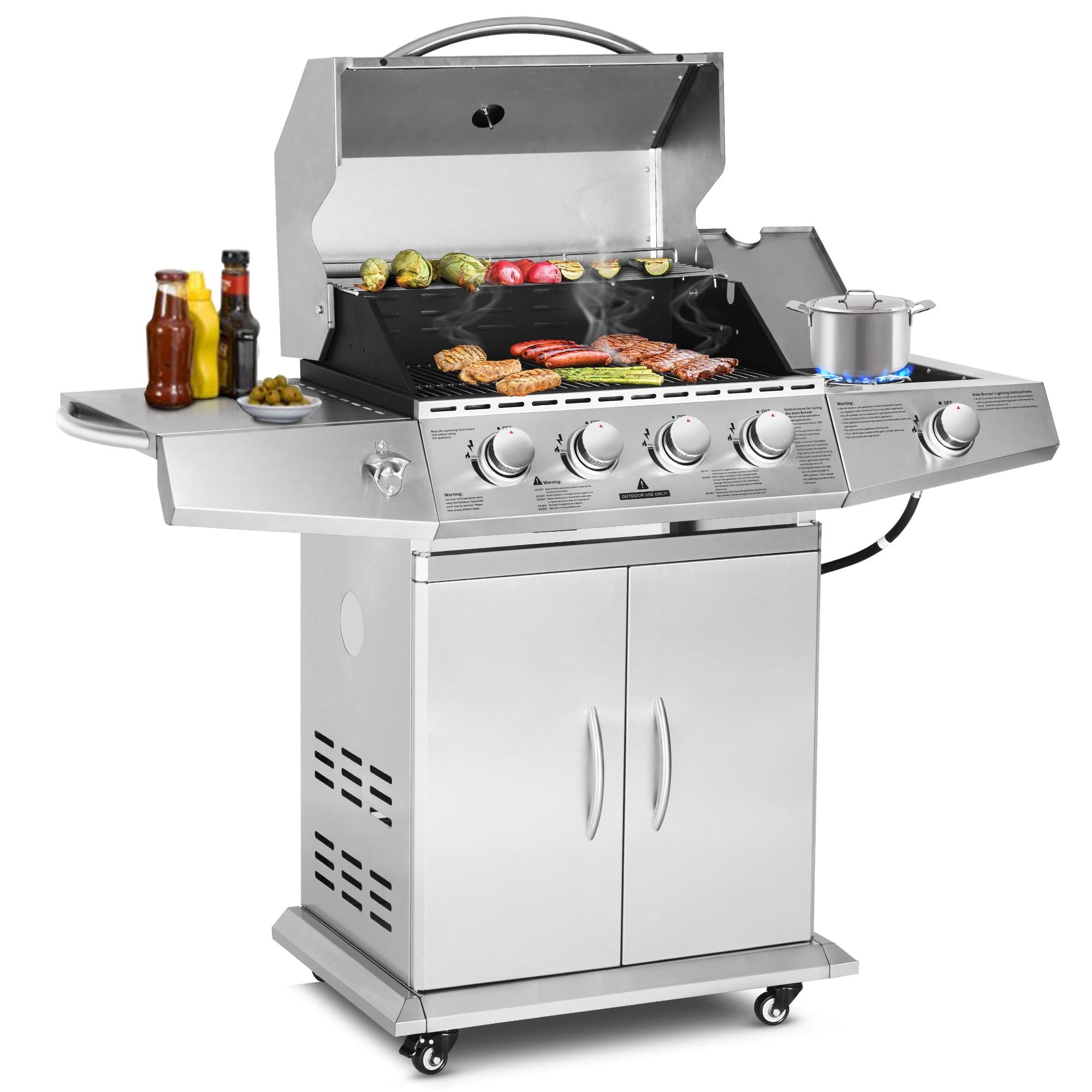4-Burner Propane Gas BBQ Grill with Side Burner, 60,000 BTU Output Stainless Steel Grill