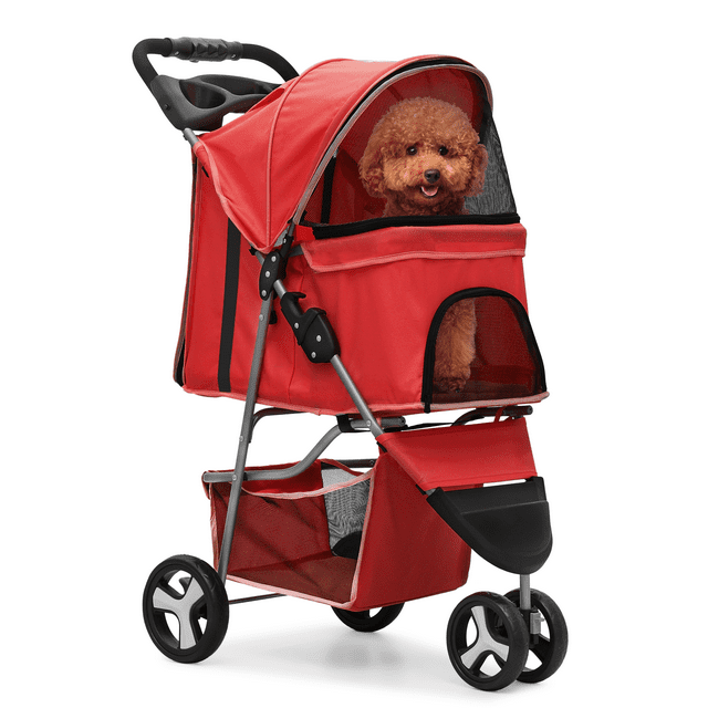 ATCHISON Foldable Pet Stroller, 3 Wheels Folding Carrier Jogger Stroller for Dogs Cats with Canopy and Basket