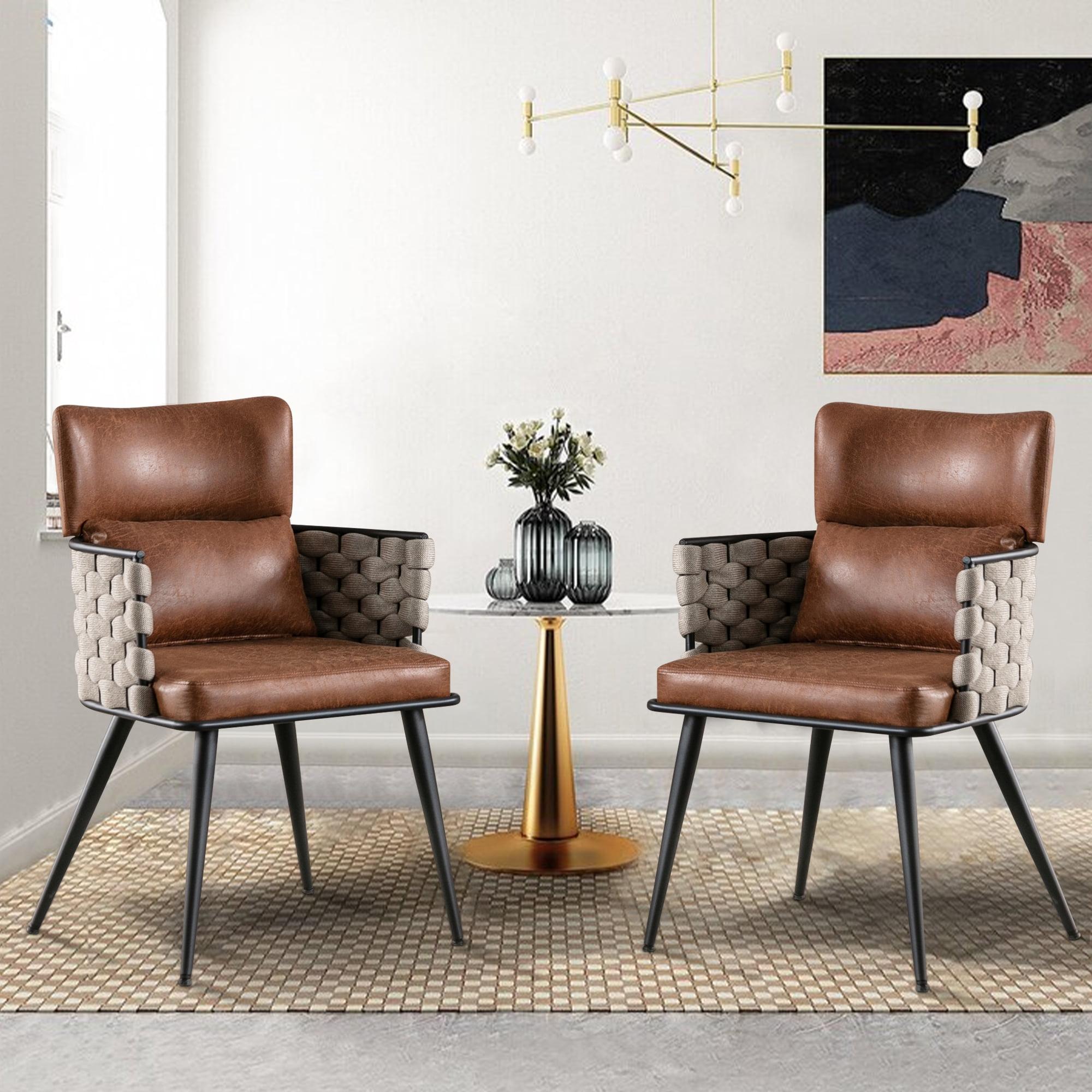 Brown and Beige Faux Leather Woven Armchair Set with Metal Legs