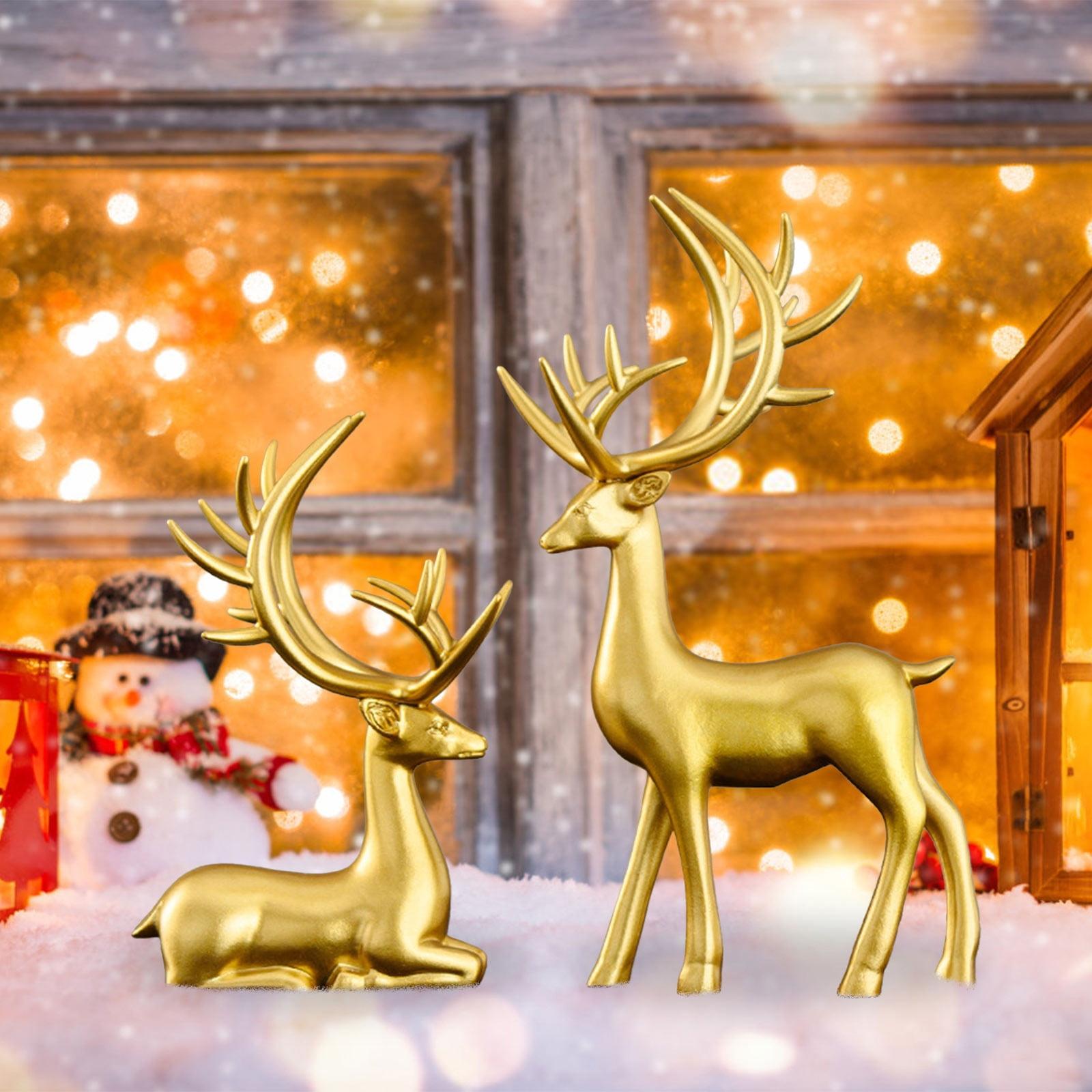 Kedshhgu 2 Pcs Small Reindeer Sculpture Resin Christmas Reindeer Elk Mini Xmas Deer Statue Animal Table Centerpiece for Home Living Room Office Decor