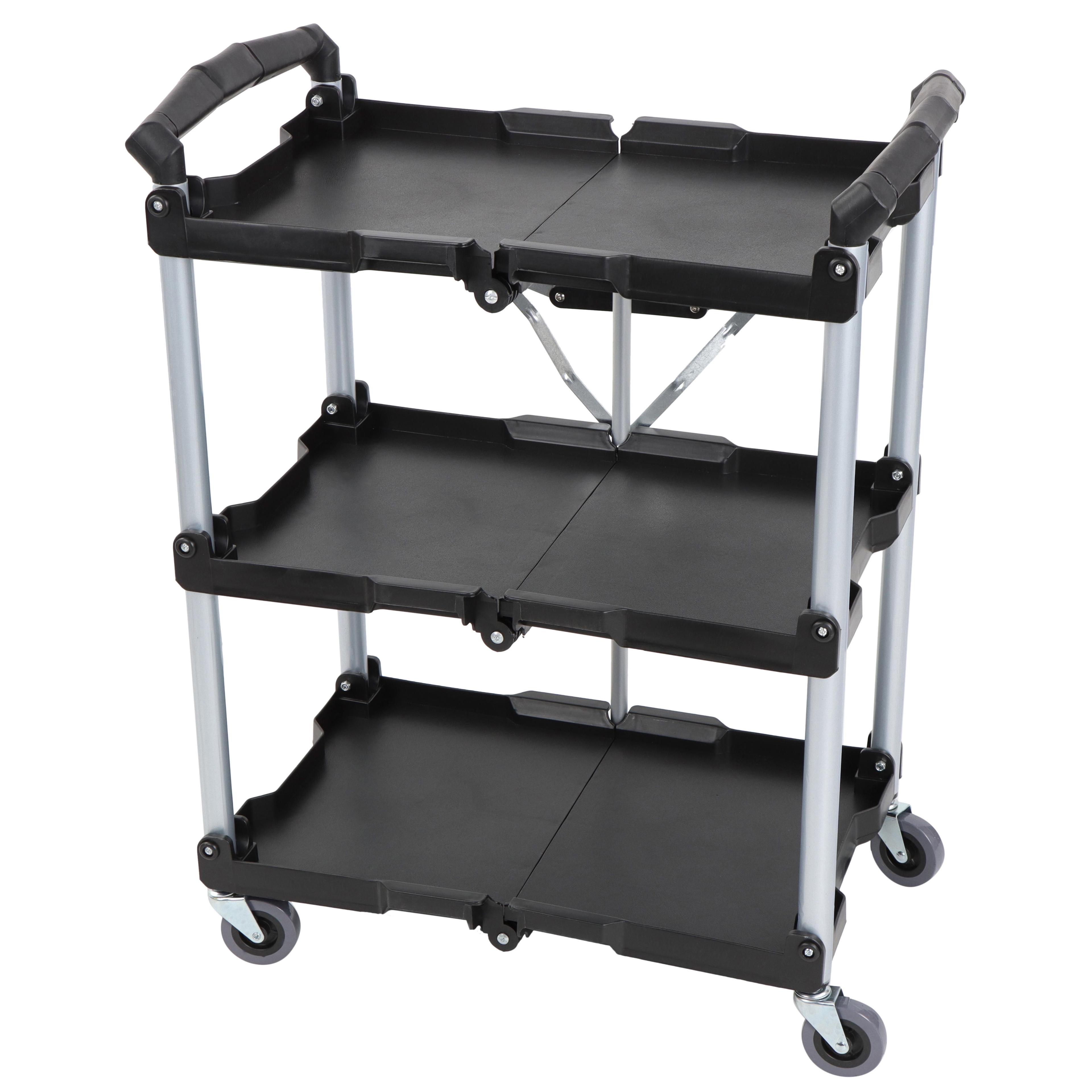 Foldable Black and Silver 3-Tier Utility Cart with Wheels