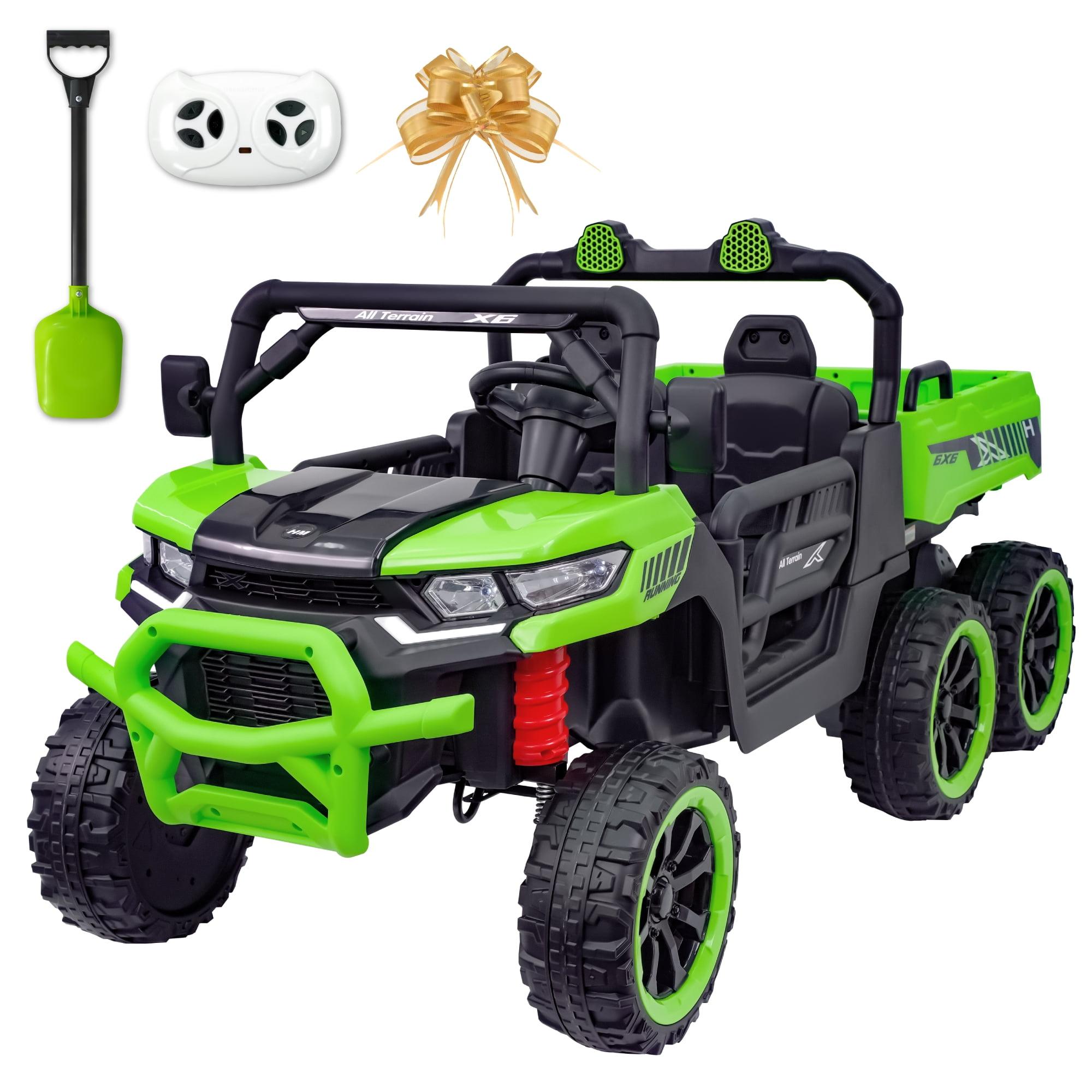 24V Ride on Toys with Remote Control, 2 Seater Electric Powered Ride on Dump Truck , 4WD 6-Wheel UTV Car w/ Tipping Bucket Trailer, Shovel, Suspension, Bluetooth Music, Big Kids, Green