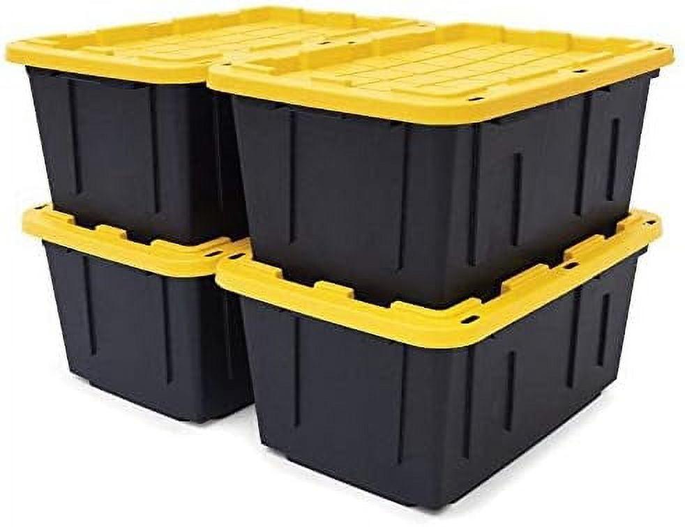 Black and Yellow 27-Gallon Stackable Plastic Storage Containers with Lids, 4 Pack