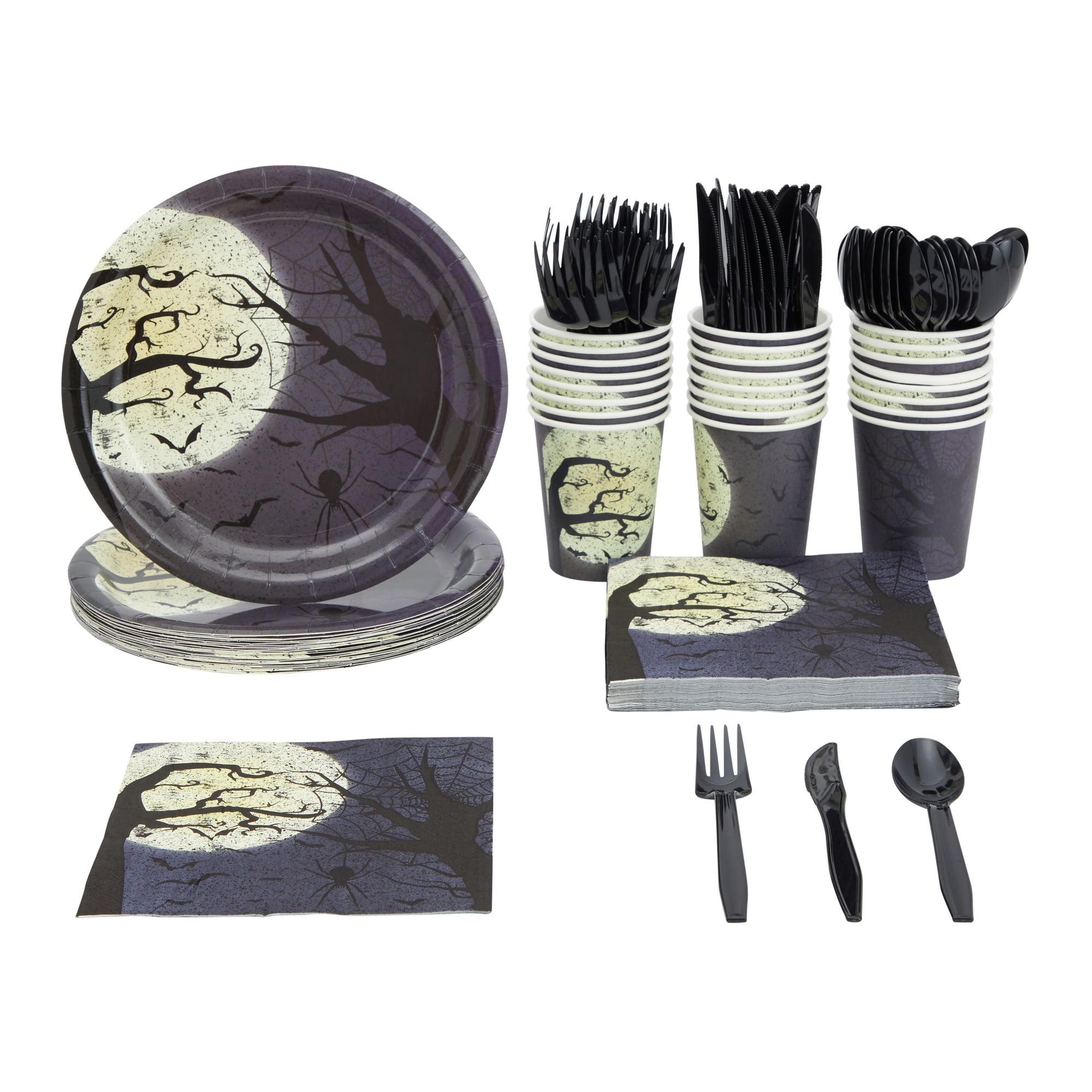 Blue Panda 144 Pieces Full Moon Halloween Party Supplies, Paper Plates, Napkins, Cups, Cutlery for Spooky Gatherings (Serves 24)