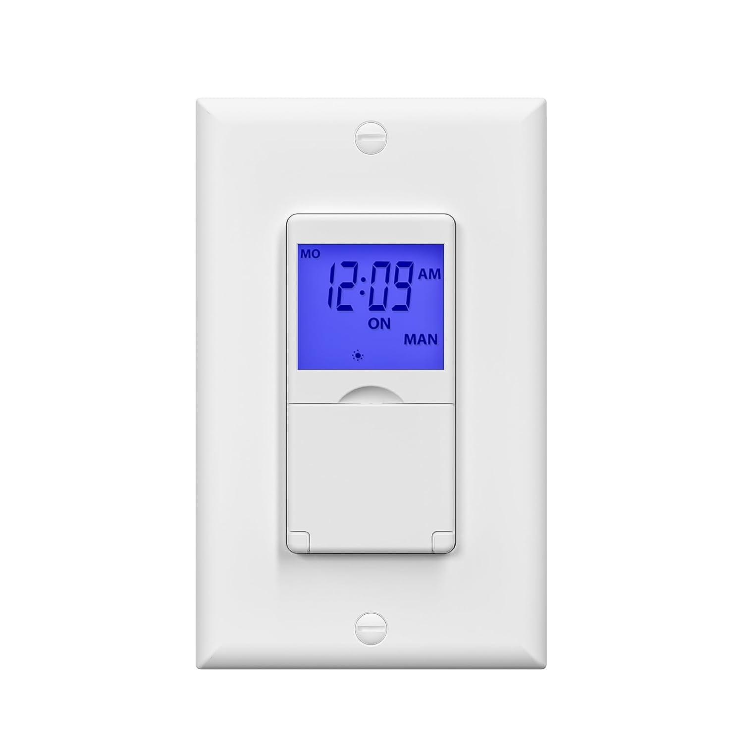 BN-LINK 7 Day Programmable In-Wall Timer Switch for Lights, fans and Motors , Single Pole and 3 Way Both Use, Blue Backlight, Neutral Wire Required, White