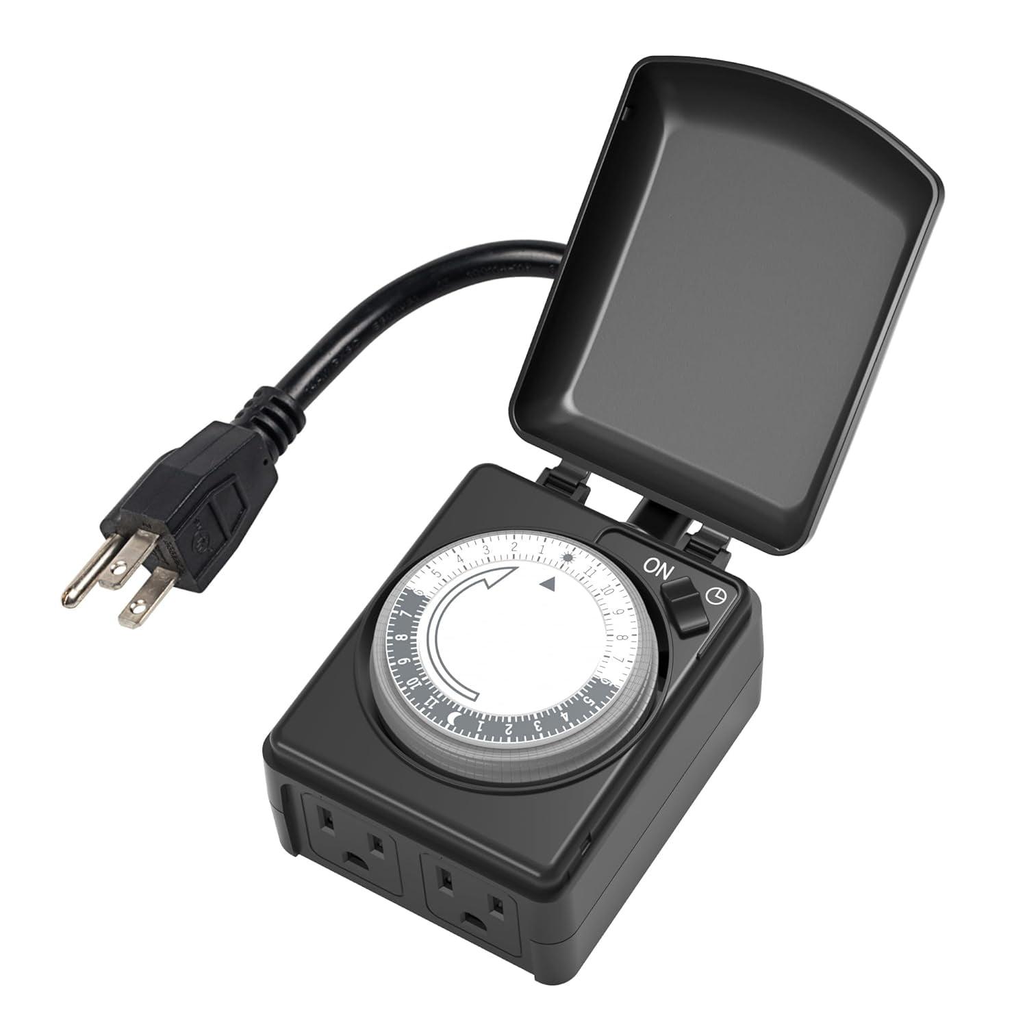 BN-LINK Compact Outdoor Mechanical Timer, 24 Hour Programmable Dual Outlet Timer - Plug in, Waterproof, Heavy Duty, For Lamps Christmas Lights