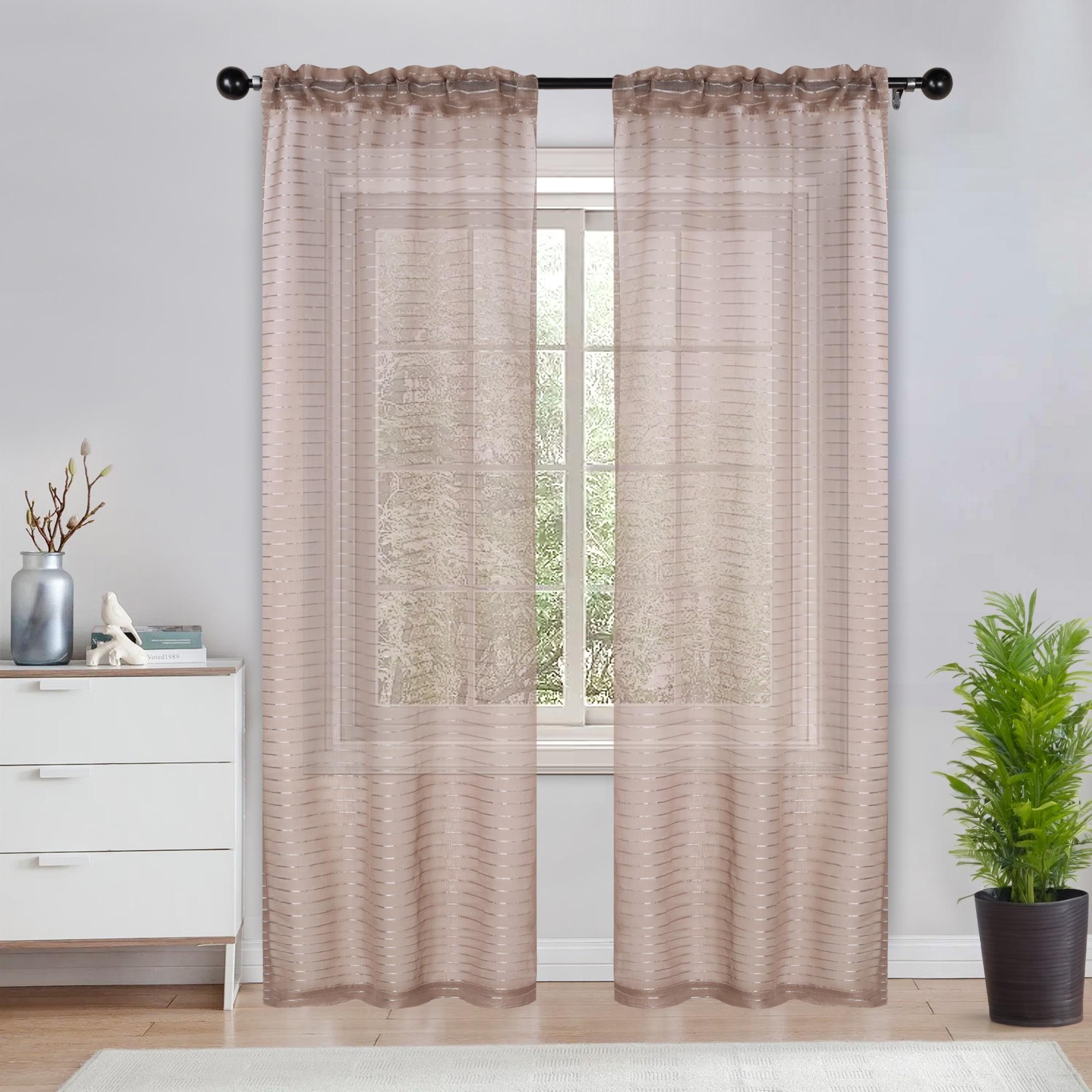 Taupe Sheer Striped Rod Pocket Curtains, Set of 2, 26" x 84"