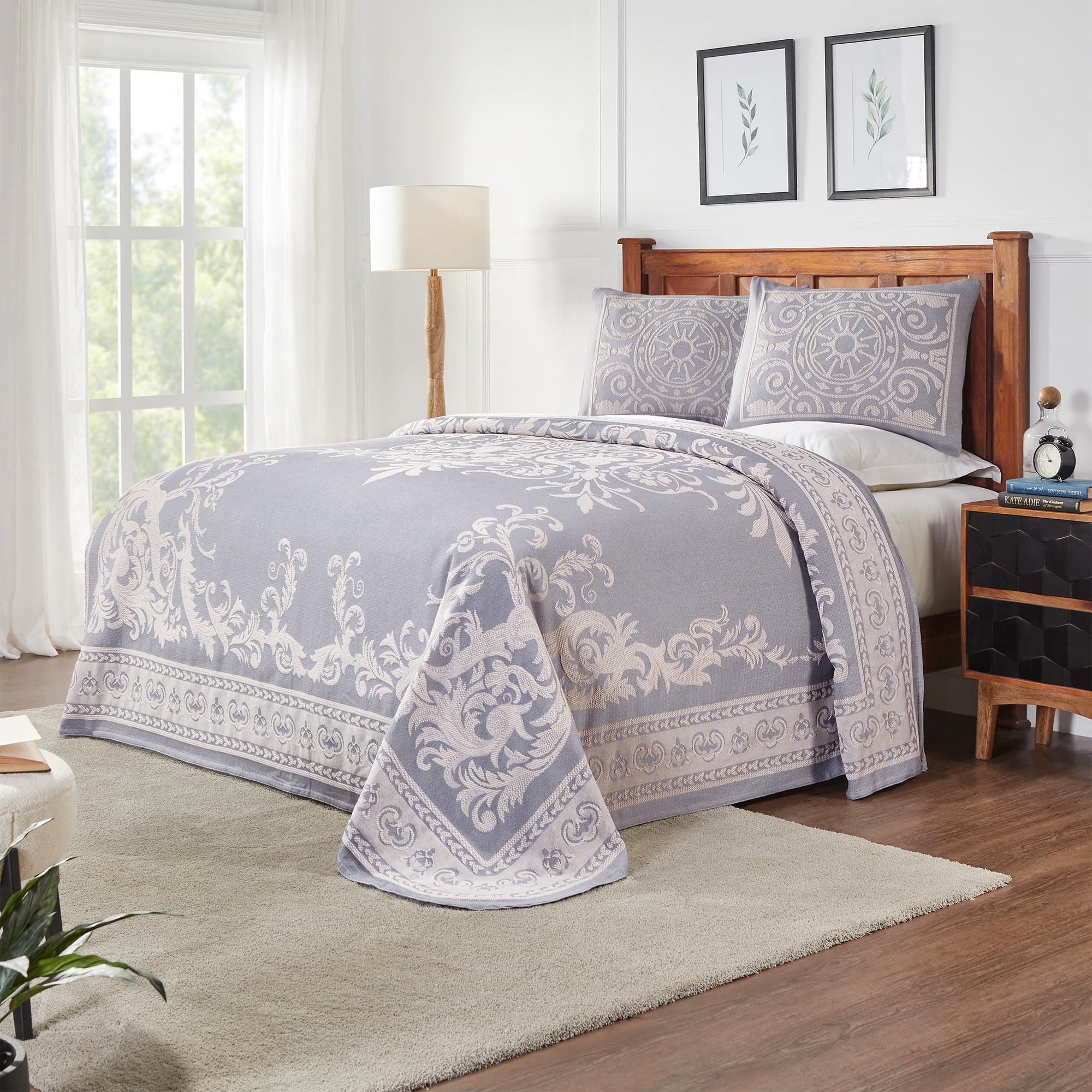 Lightweight Cotton Blend Oversized Jacquard Vintage Medallion Bedspread Set, Full, Slate Blue - Blue Nile Mills
