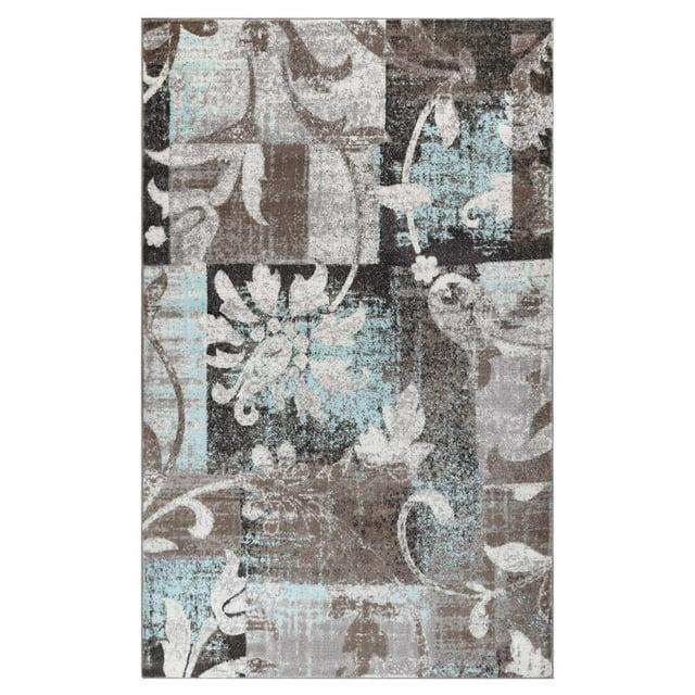 Contemporary Floral Patchwork Indoor Area Rug, 4'x6', Brown-Turquoise - Blue Nile Mills