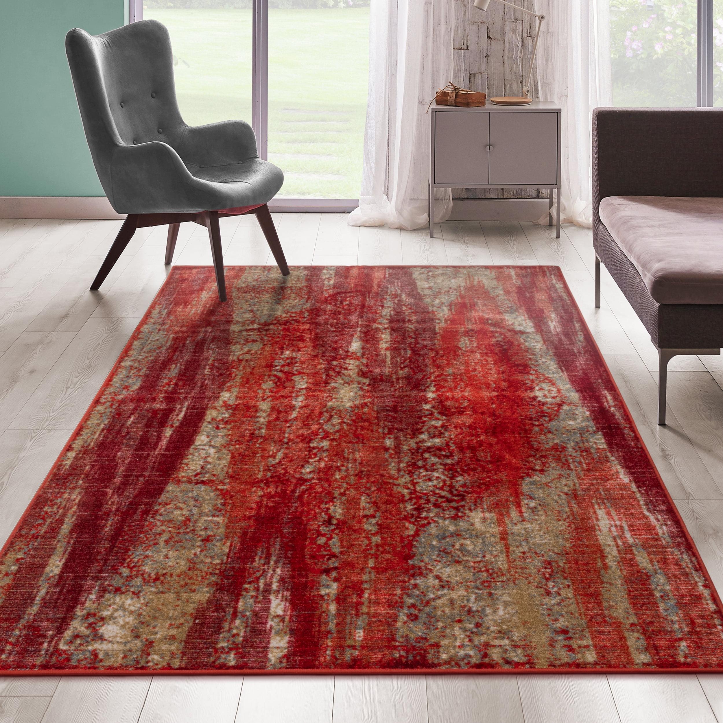 Modern Red and Blue Abstract Washable Area Rug