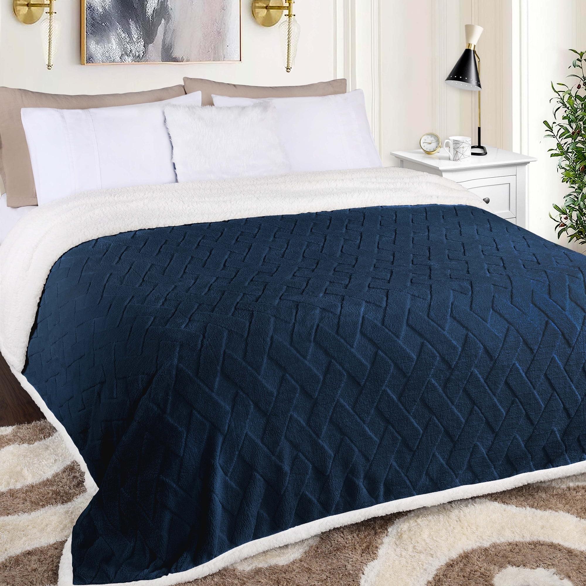 Jacquard Lattice Fleece Plush Reversible Blanket, Throw, Navy Blue - Blue Nile Mills