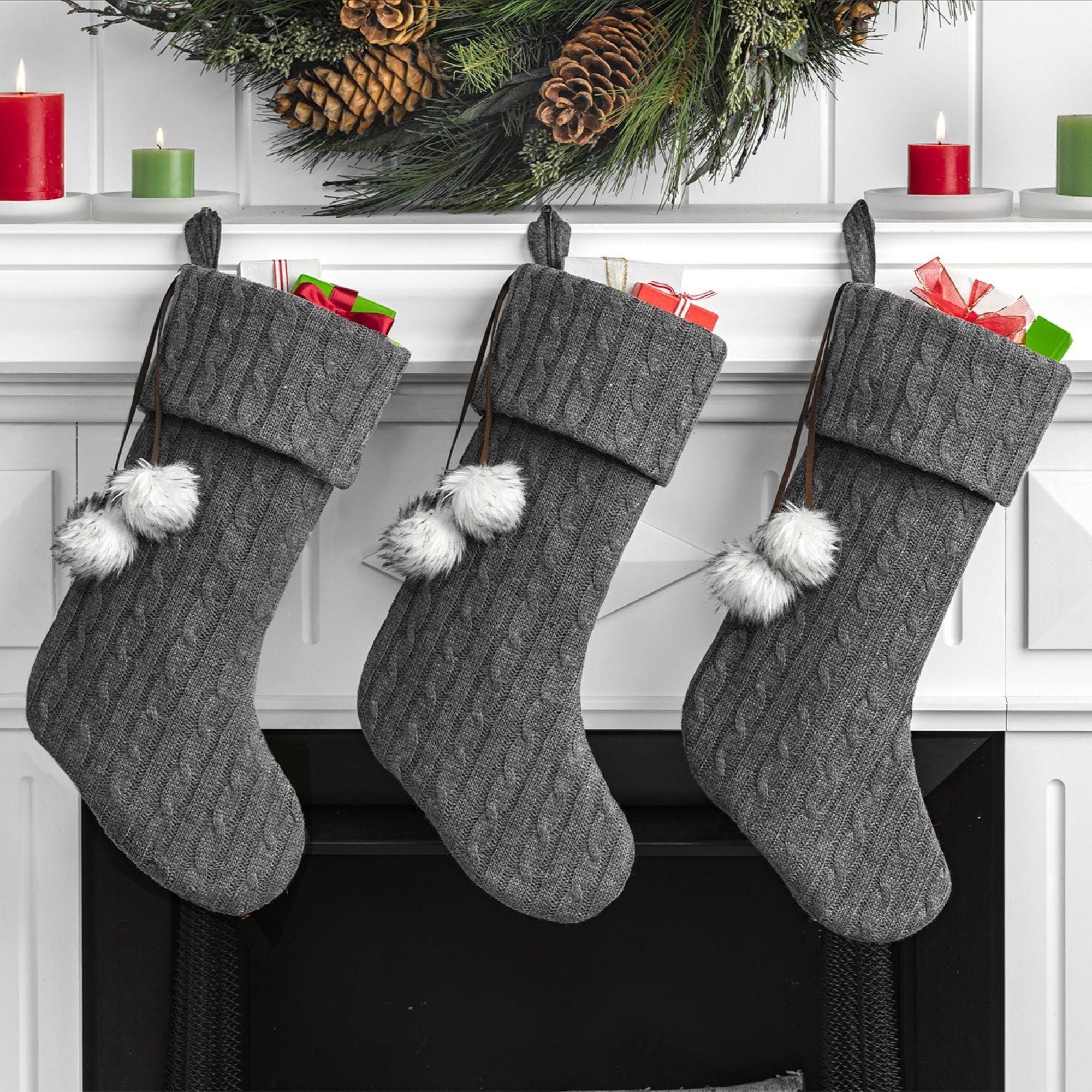 New Traditions - 3-Pack 20-Inch Christmas Stockings - Gray Cable Knit Stockings with Ivory Pom Poms