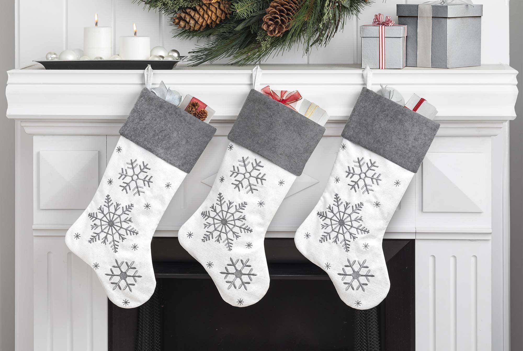 Set of 3 Gray Cable Knit Christmas Stockings with Ivory Pom Poms