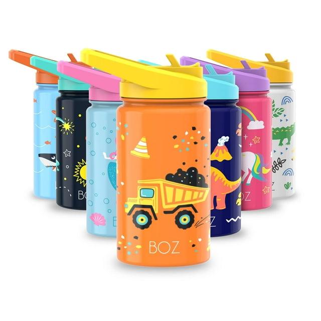 BOZ Kids Water Bottle for School with Straw Lid, Stainless Steel Insulated, 14 oz (Construction)