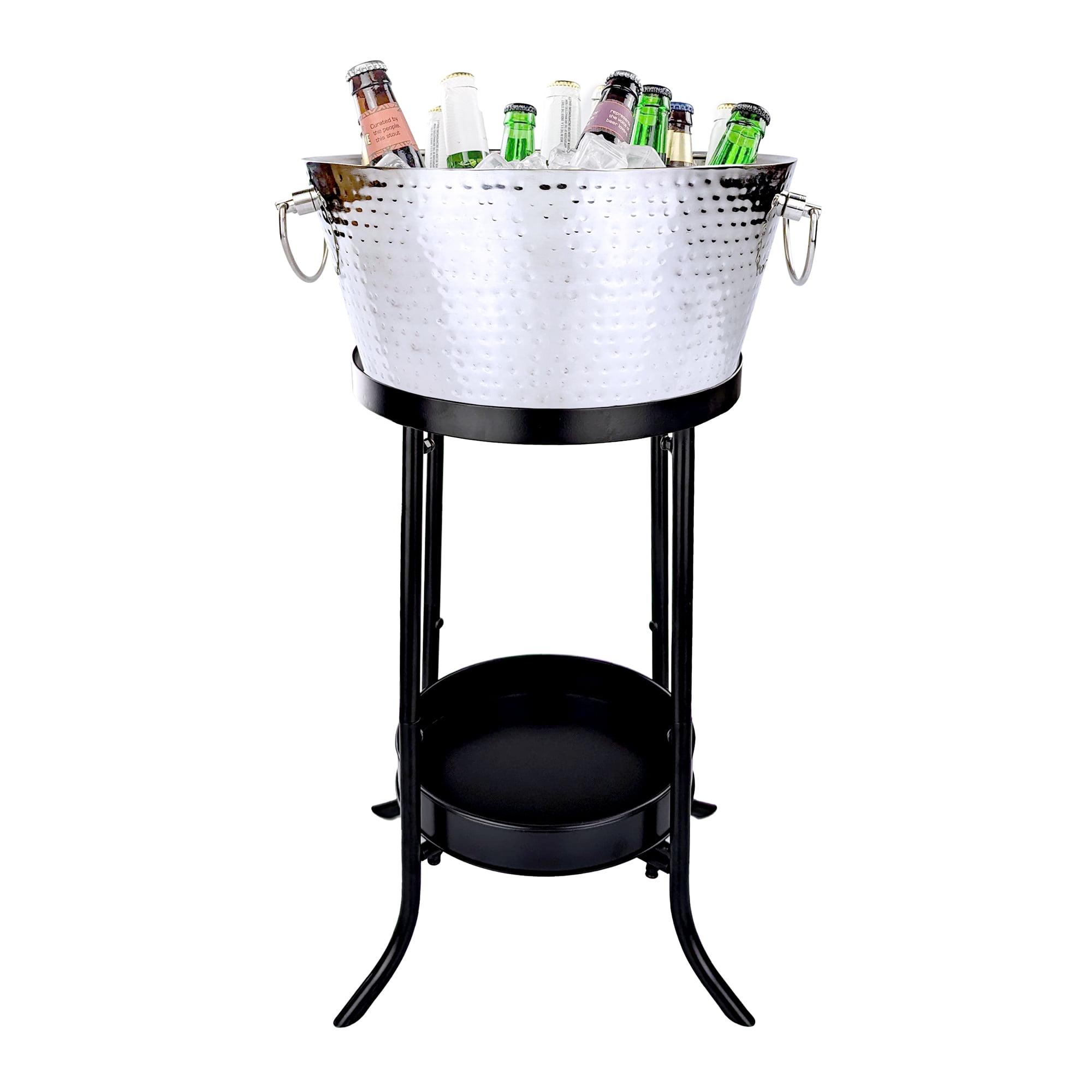 Hammered Stainless Steel Beverage Tub with Black Iron Stand