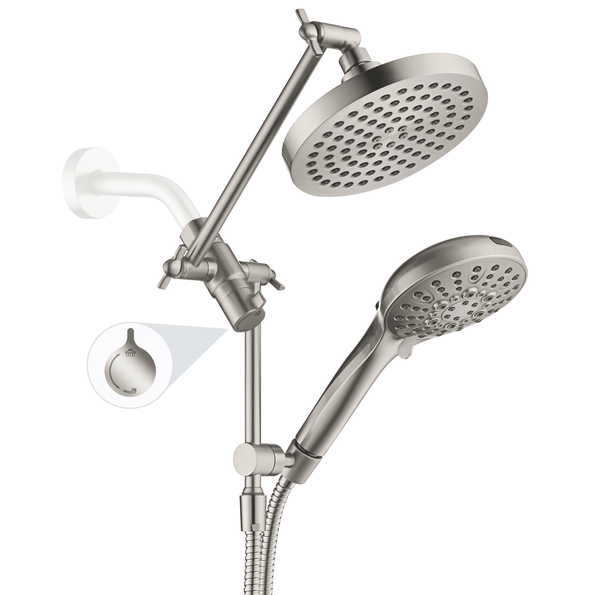 Brushed Nickel Dual Shower Head with Adjustable Arm and 69" Hose