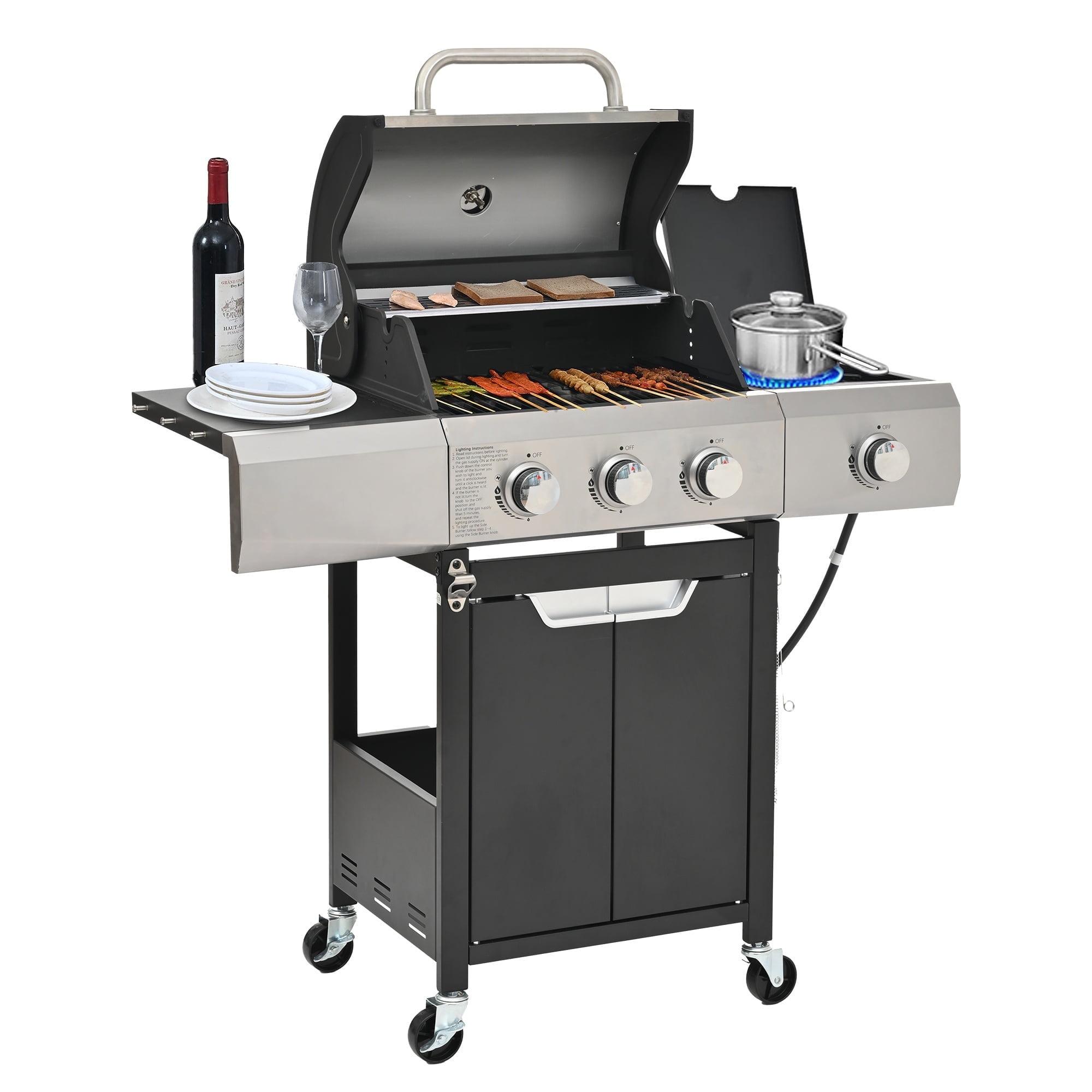 3-Burner Freestanding Open Cart Propane Gas Grill with Side Burner and Cover