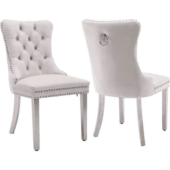 BELLEZE Upholstered Dining Chairs Set of 2, Velvet Luxury Dining Room Chairs with Button Back, Nailhead Trim, Pull-ring, Solid Wood Legs for Kitchen, Living Room, Restaurant - Chandler (Beige)