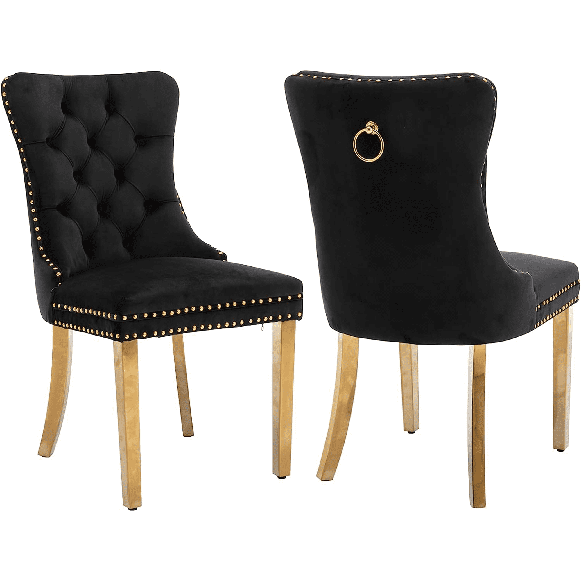 Black Velvet Upholstered Dining Chairs with Gold Legs, Set of 2