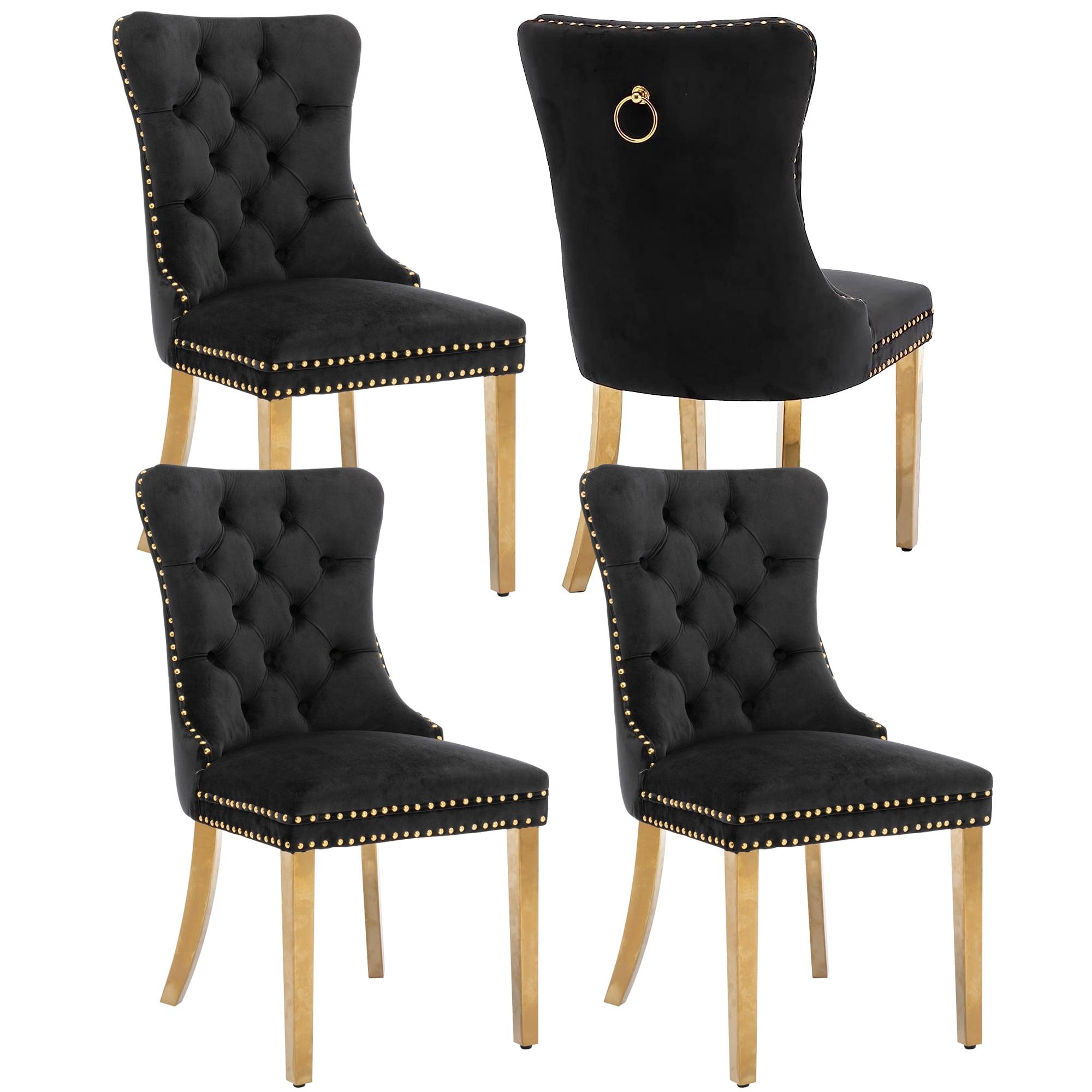 Black Velvet Upholstered Side Chair with Gold Legs, Set of 4