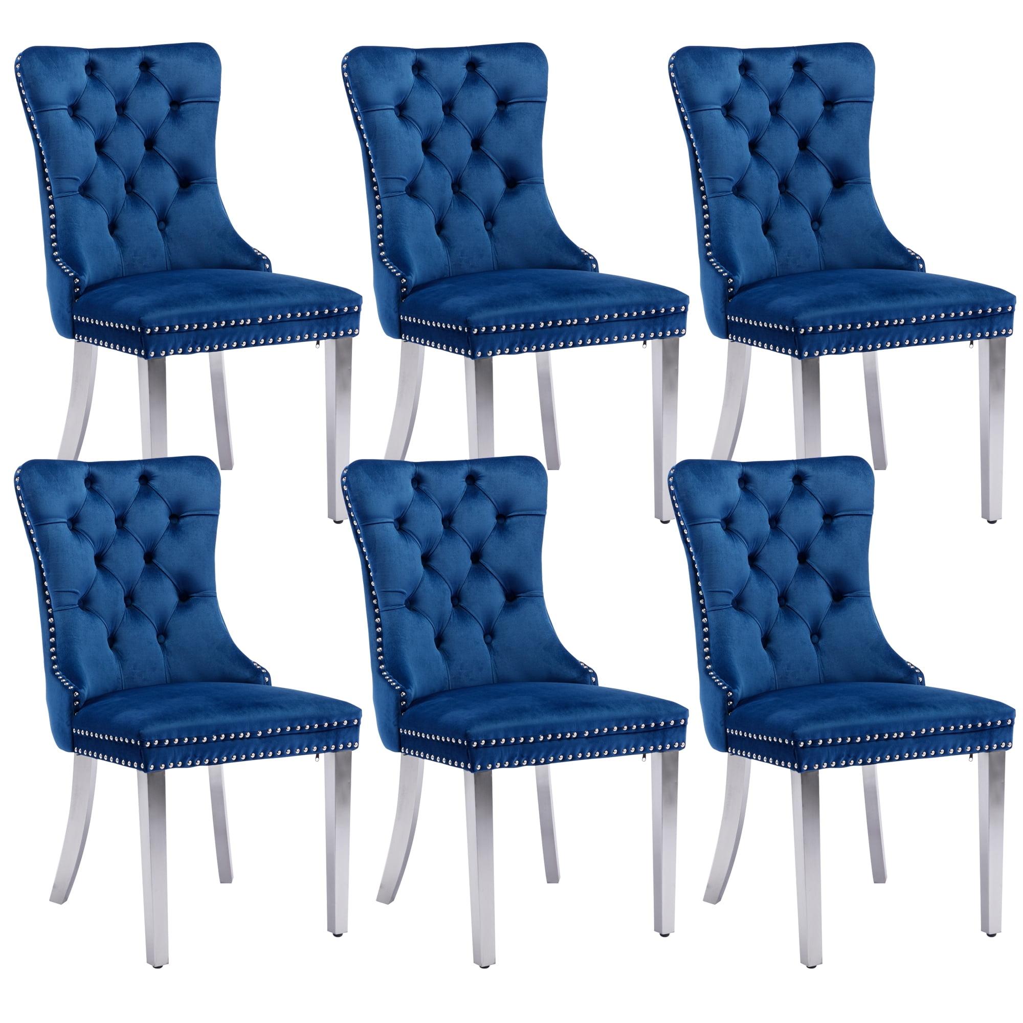 Tzicr Tufted Dining Chairs Set of 6, Upholstered Dining Chairs with Nailhead Back, Nailhead Trim, Velvet Dining Chairs for Kitchen/Bedroom/Dining Room(Blue)