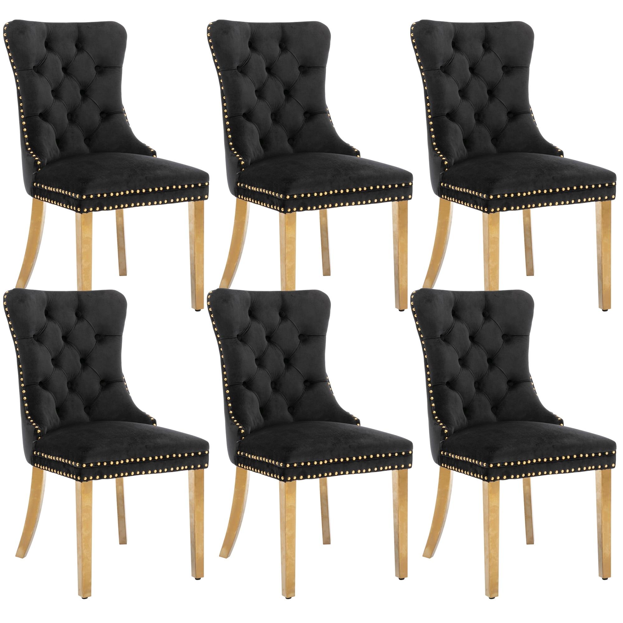 Black Velvet Upholstered Dining Chairs with Gold Legs, Set of 6