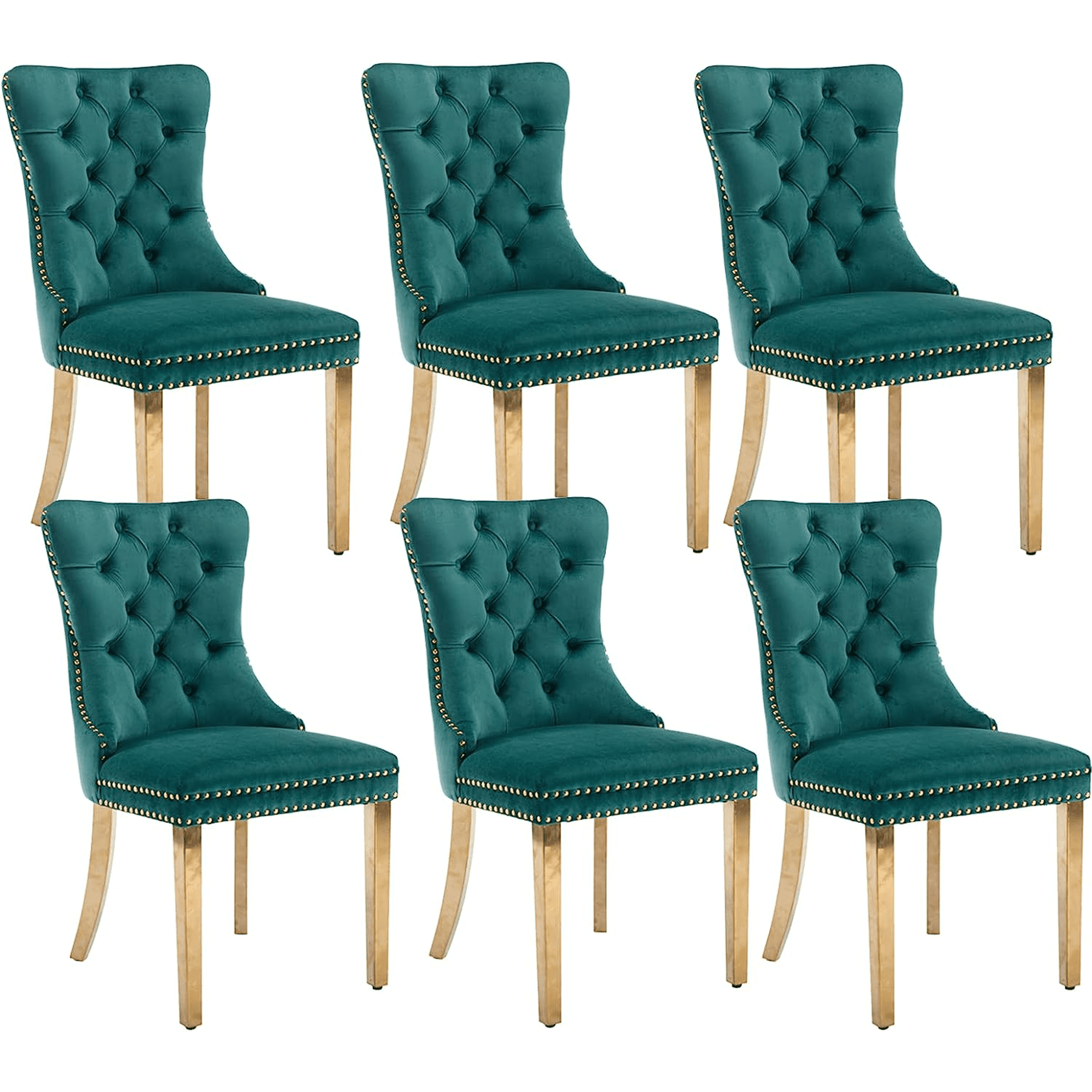 Green Velvet Tufted Dining Chairs with Gold Legs, Set of 6