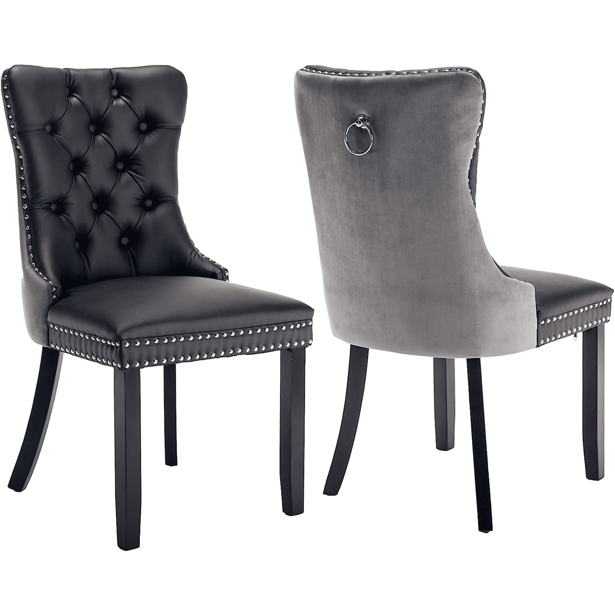 LegaHome Dining Room Chairs Set of 2, Modern Upholstered Velvet and PU Leather Dining Chair with Nailhead Trim and Solid Wood Legs, Tufted Button Padded Chairs Set for Kitchen Dining Room, Gray&Black