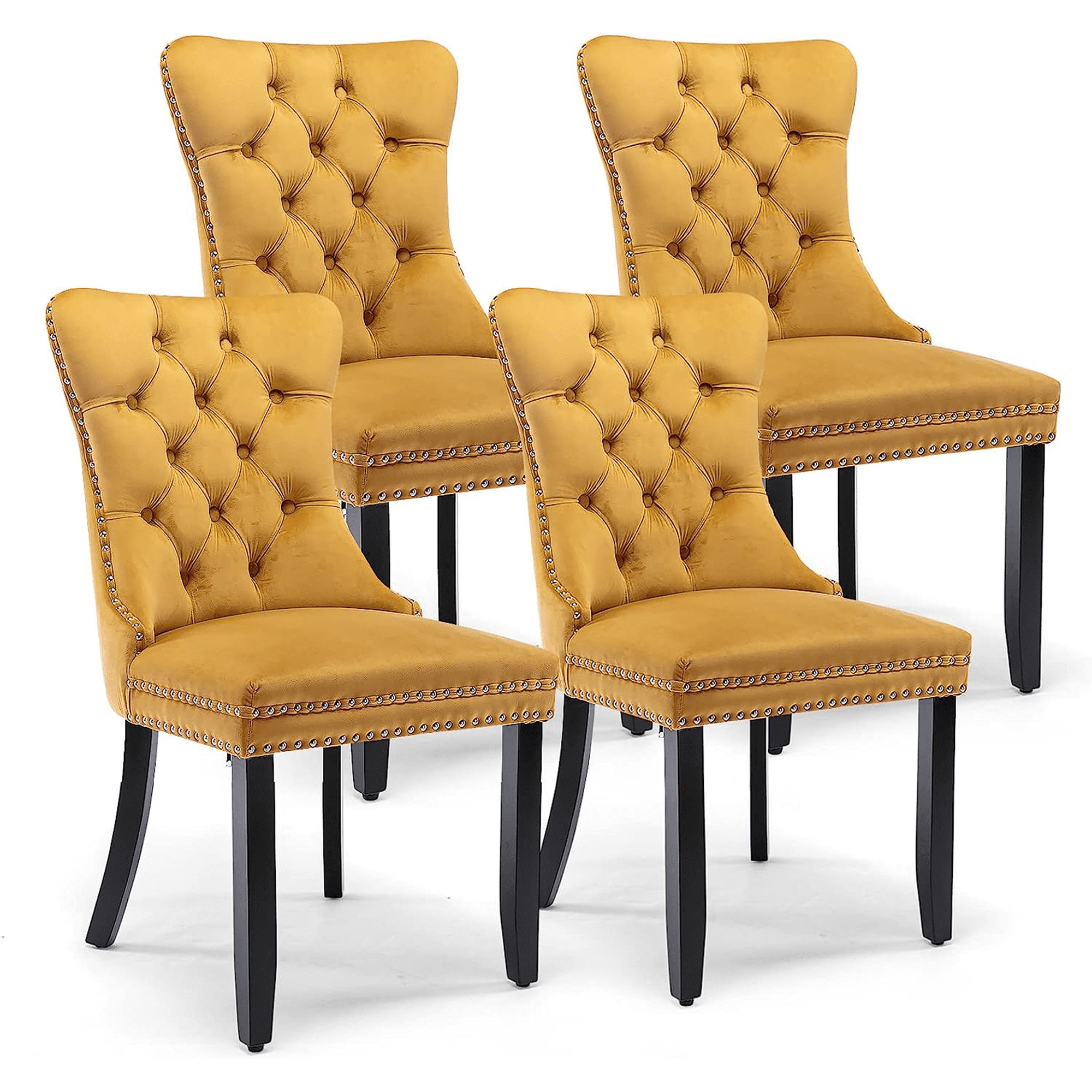 ODUSE-DAILY Yellow Velvet Dining Chairs Set of 4, Kitchen & Dining Room Chairs, Sillas De Comedor, Nailheads Tufted, Fabric Upholstered, Solid Wood (Gold, 4 Pcs)