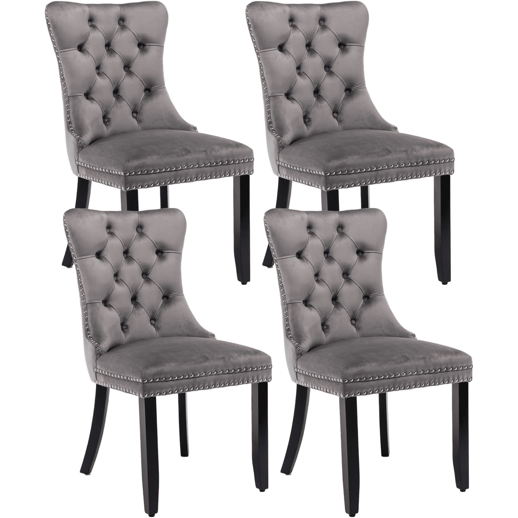 Set of 4 Gray Velvet Upholstered Parsons Dining Chairs with Black Wood Legs