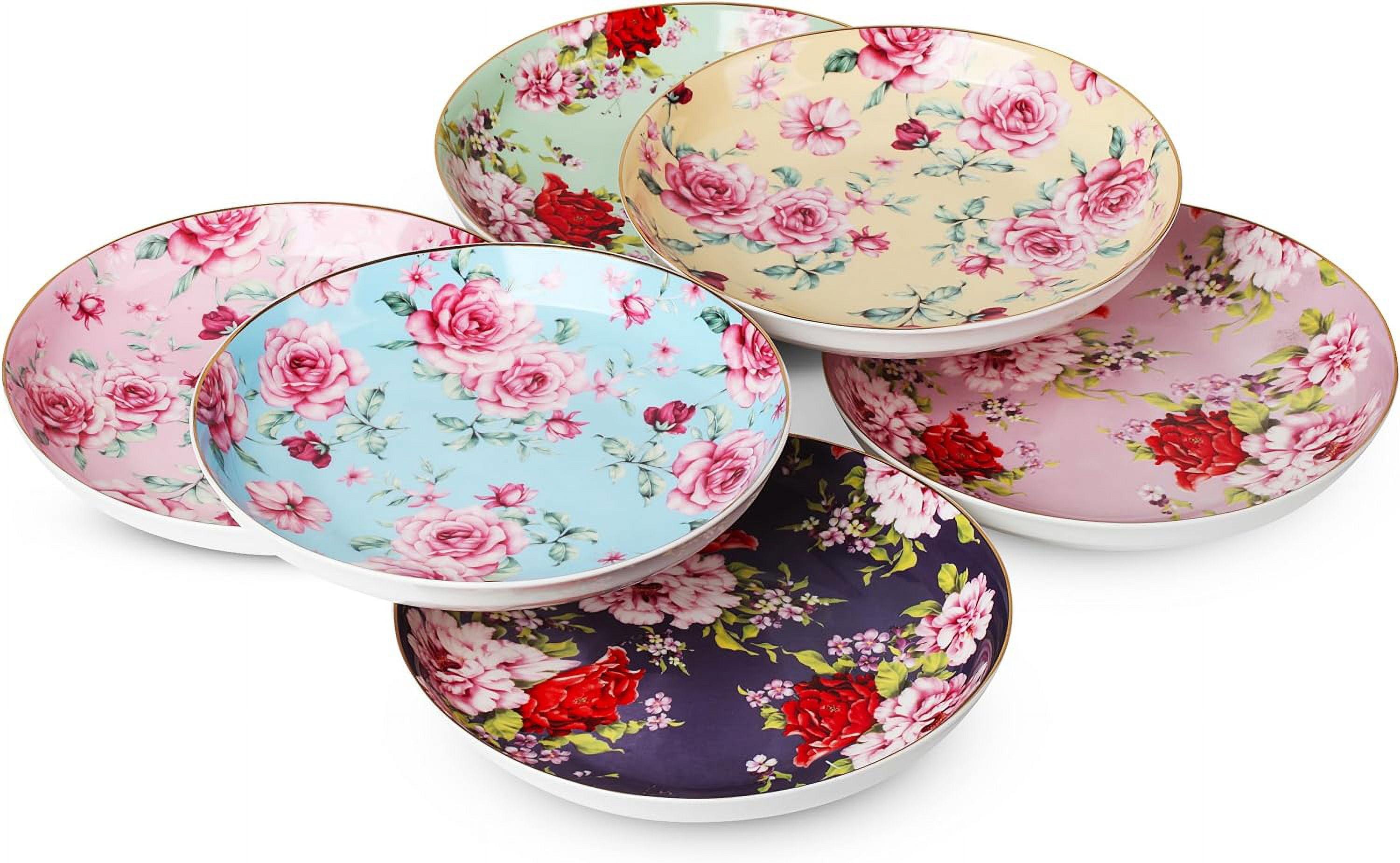 Assorted Floral Bone China Dessert Plates with Gold Trim, Set of 6