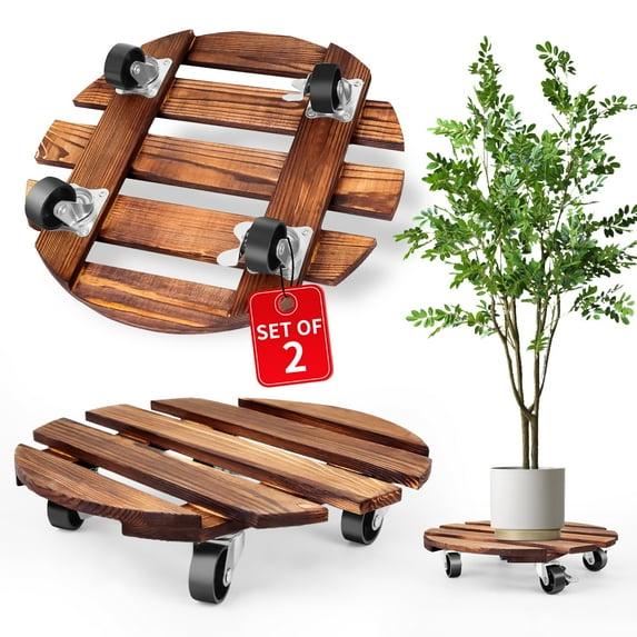 BUSATIA 2pack 12" Plant Caddy Plant Stand with Wheels,Rolling Plant Stand Heavy Duty Wooden Round Plant Dolly Rollers with 360°Metal Lockable Casters Indoor Outdoor Pot Plant Roller Base Caddies
