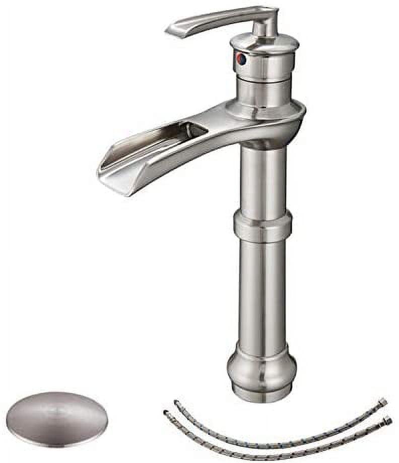 BWE Brushed Nickel Bathroom Faucet with Drain Assembly and Supply Hose Lead-Free Tall Body Waterfall Vessel Sink Faucet Lavatory Single-Handle Mixer Tap