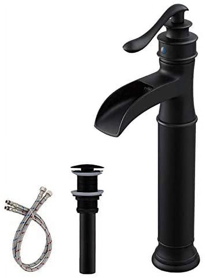 Matte Black Waterfall Single-Handle Vessel Bathroom Faucet with Drain Assembly